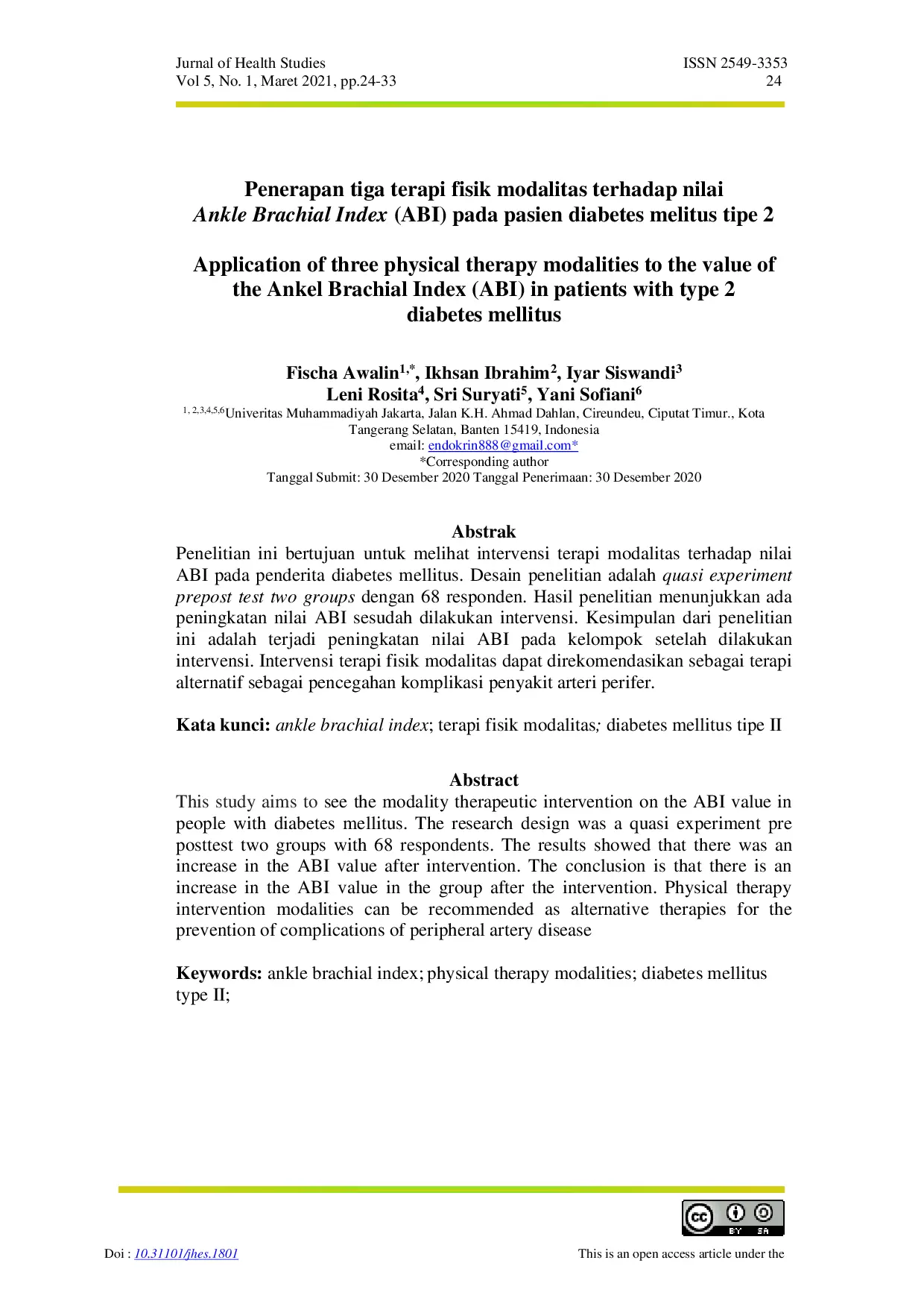 juris Penerapan 3 Terapi Fisik Modalitas Terhadap Nilai Ankle Brachial Index ABI Pada Pasien Diabetes Melitus Tipe 2
