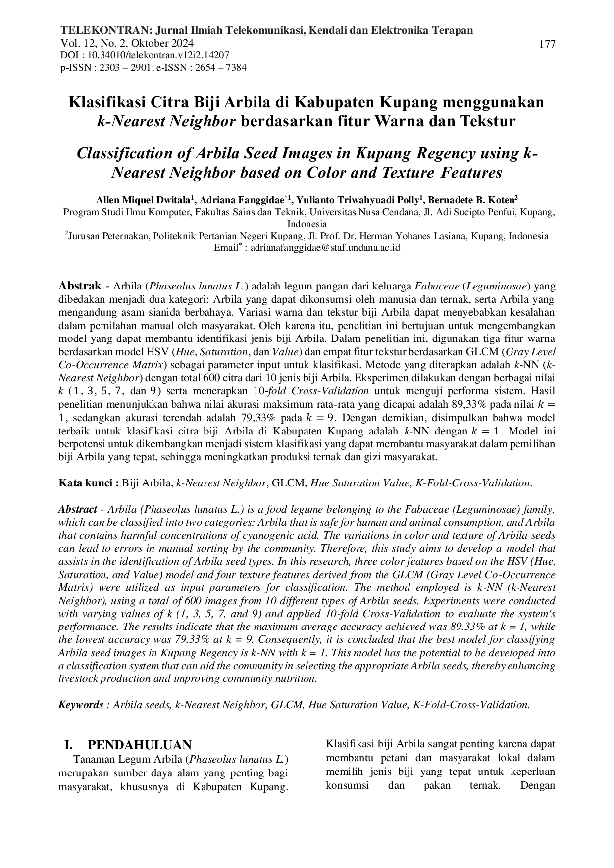 JURIS Classification of Arbila Seed Images in Kupang Regency using k Nearest Neighbor based on Color and Texture features