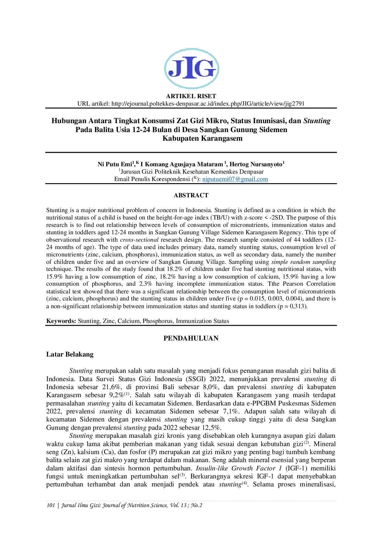 JURIS Hubungan Antara Tingkat Konsumsi Zat Gizi Mikro Status Imunisasi dan Stunting Pada Balita Usia 12 24 Bulan di Desa Sangkan Gunung Sidemen Kabupaten Karangasem