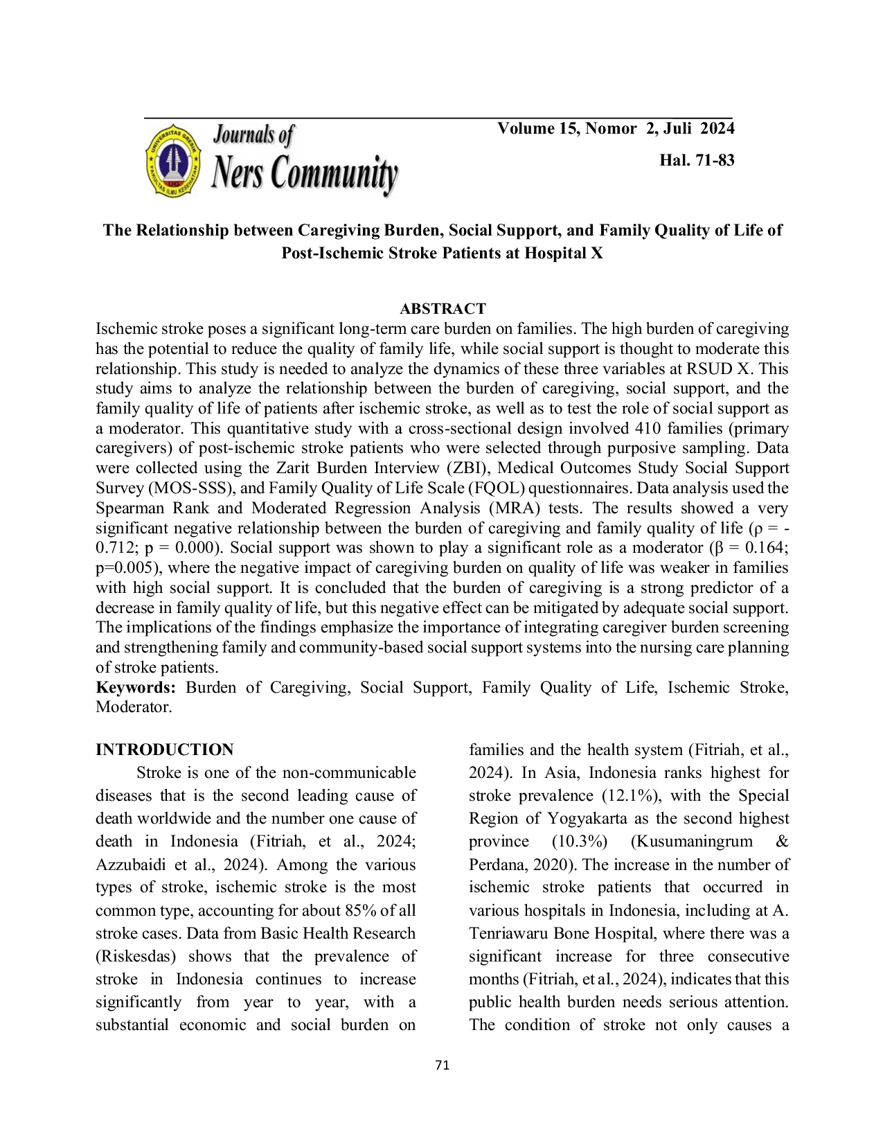 JURIS The Relationship between Caregiving Burden Social Support and Family Quality of Life of Post Ischemic Stroke Patients at Hospital X