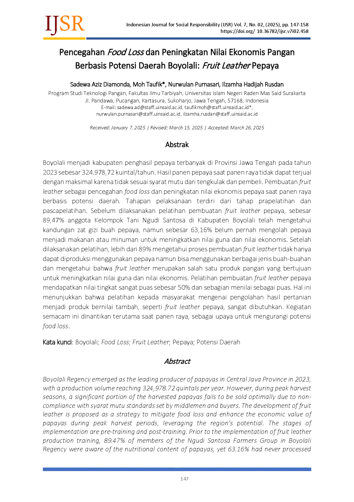 juris Pencegahan Food Loss dan Peningkatan Nilai Ekonomis Pangan Berbasis Potensi Daerah Boyolali Fruit Leather Pepaya