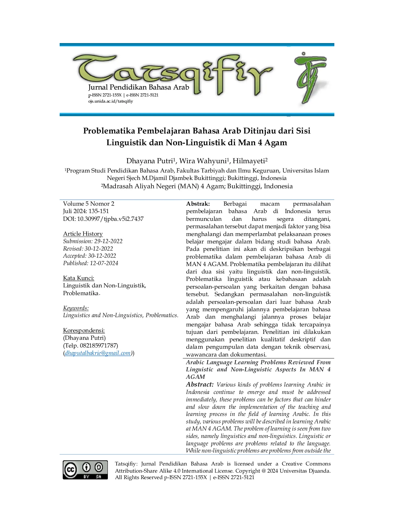 JURIS Problematika Pembelajaran Bahasa Arab Ditinjau dari Sisi Linguistik dan Non Linguistik di Man 4 Agam