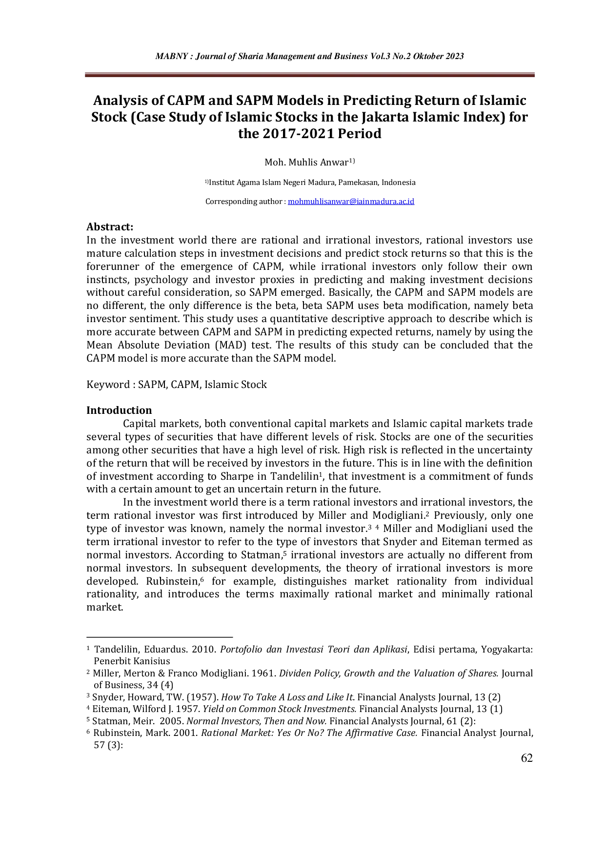 JURIS Analysis of CAPM and SAPM Models in Predicting Return of Islamic Stock Case Study of Islamic Stocks in the Jakarta Islamic Index for the 2017 2021 Period