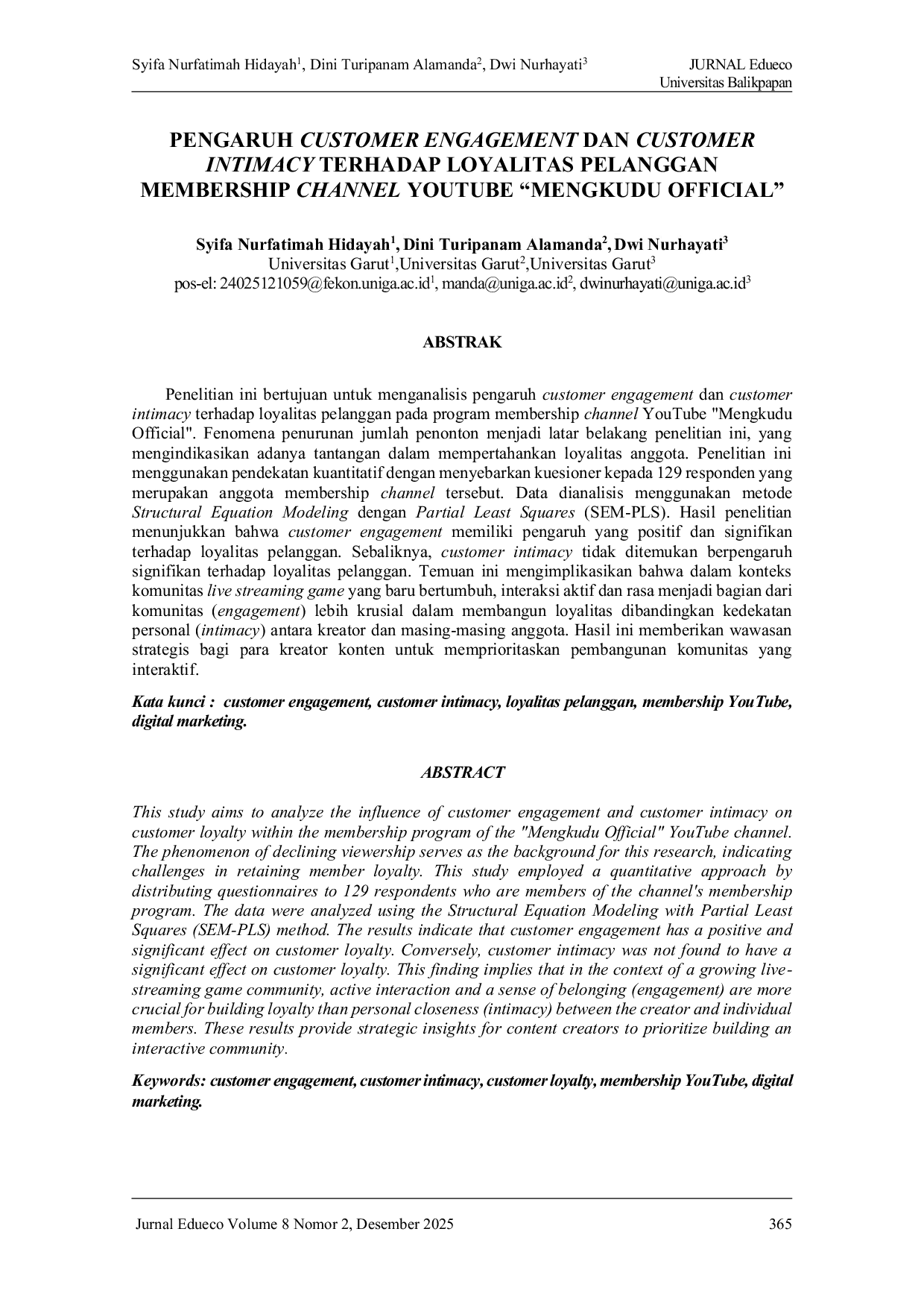 JURIS Pengaruh Customer Engagement dan Customer Intimacy Terhadap Loyalitas Pelanggan Membership Channel YouTube Mengkudu Official