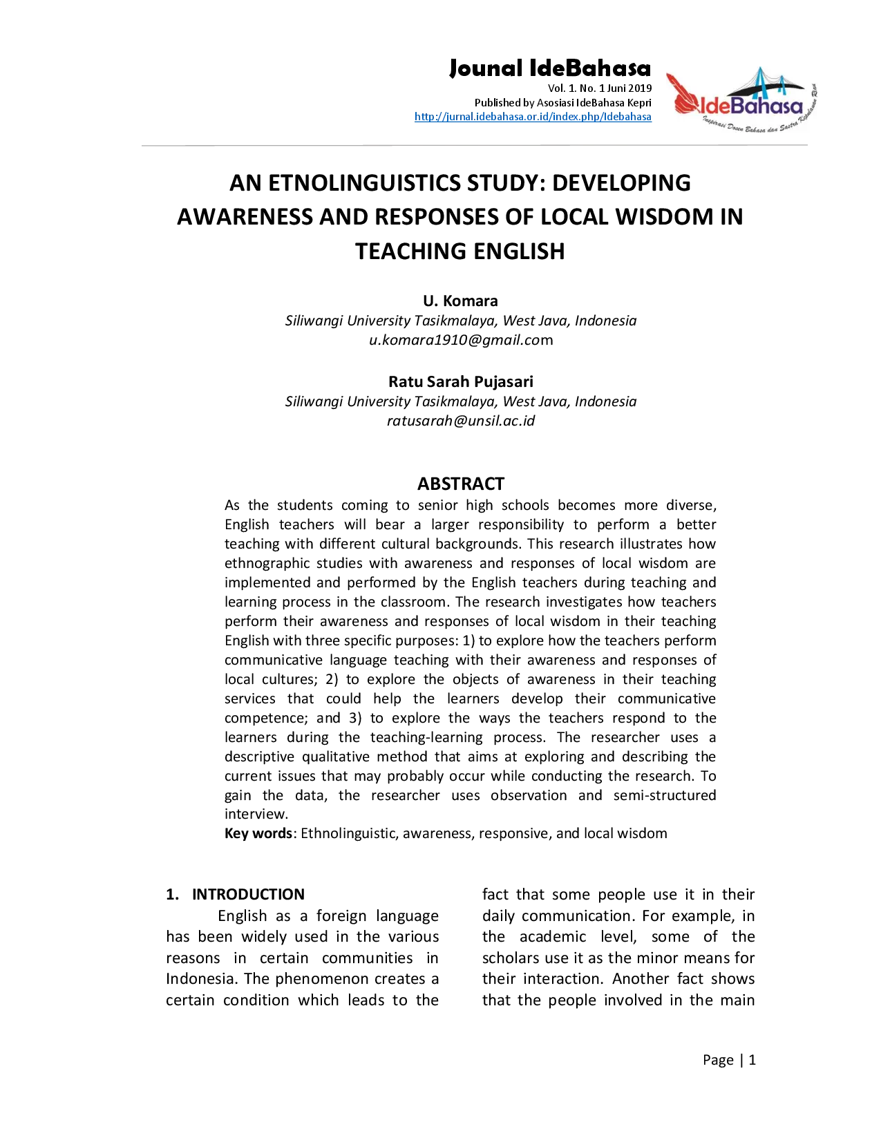 juris An Etnolinguistics Study Developing Awareness and Responses of Local Wisdom in Teaching English