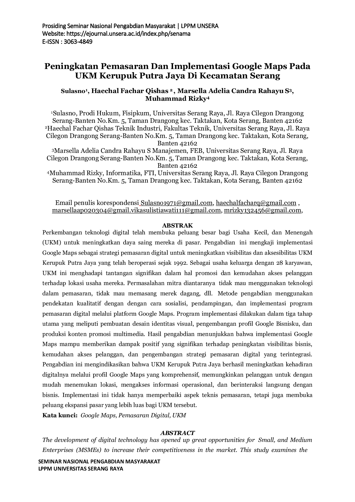 JURIS Peningkatan Pemasaran Dan Implementasi Google Maps Pada UKM Kerupuk Putra Jaya Di Kecamatan Serang