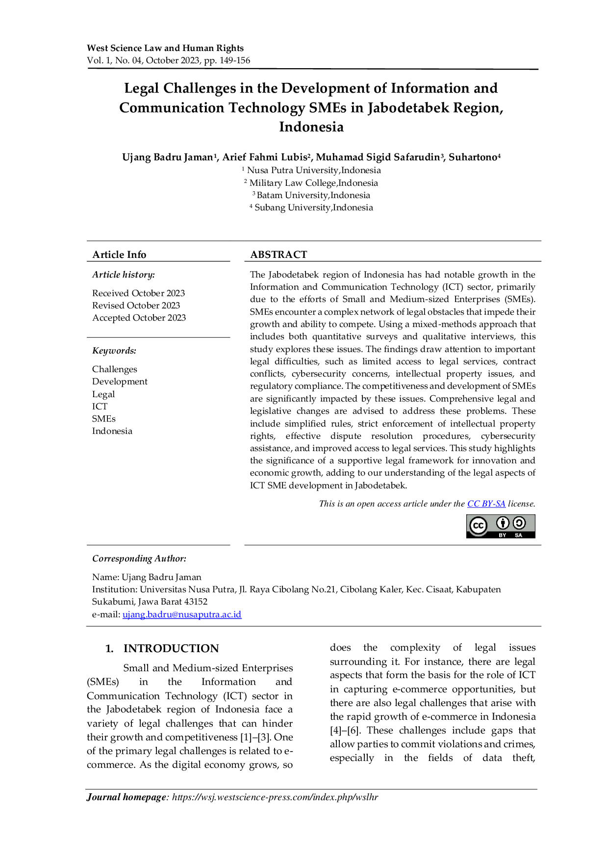 JURIS Legal Challenges in the Development of Information and Communication Technology SMEs in Jabodetabek Region Indonesia