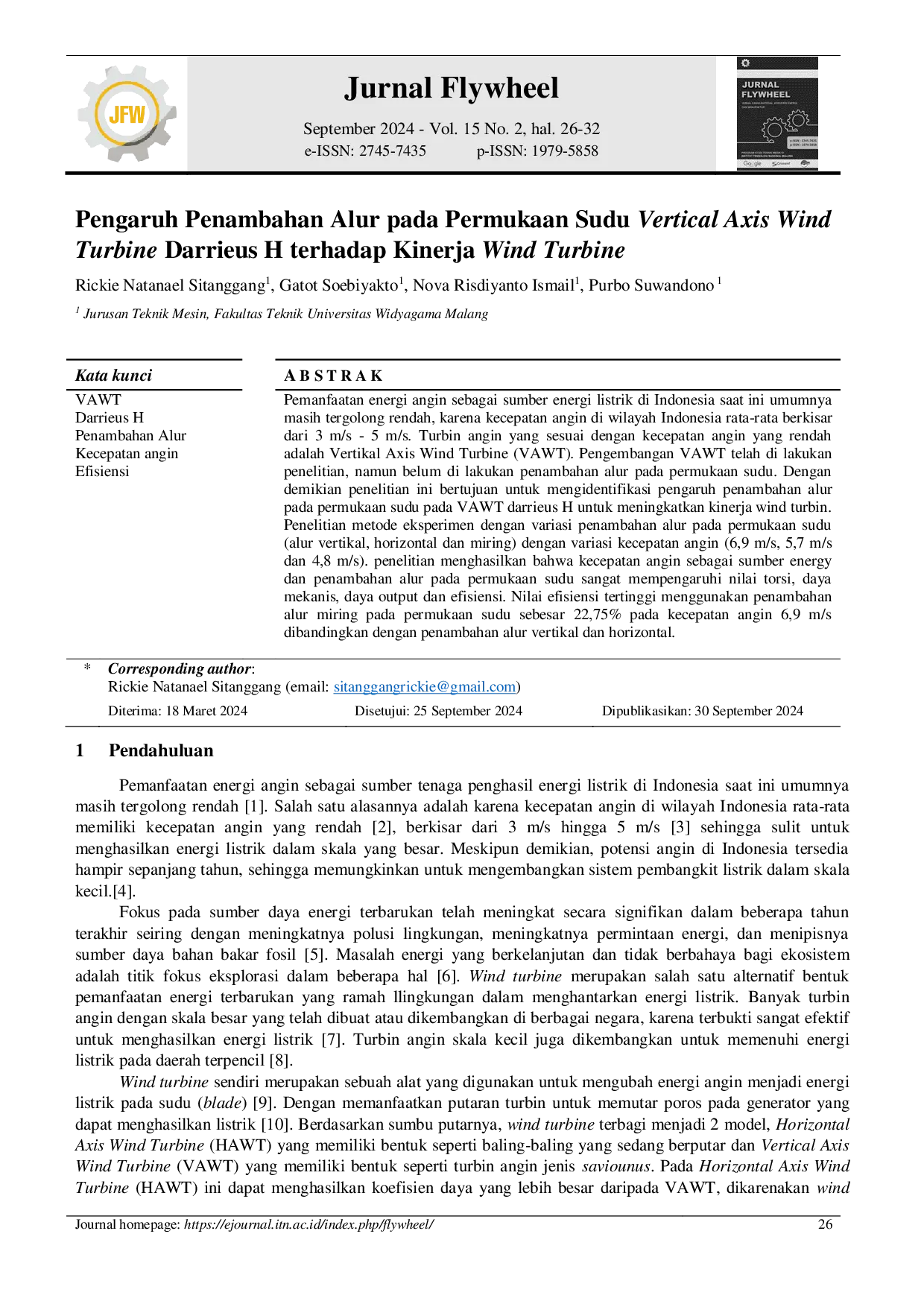 JURIS Pengaruh Penambahan Alur pada Permukaan Sudu Vertical Axis Wind Turbine Darrieus H terhadap Kinerja Wind Turbine