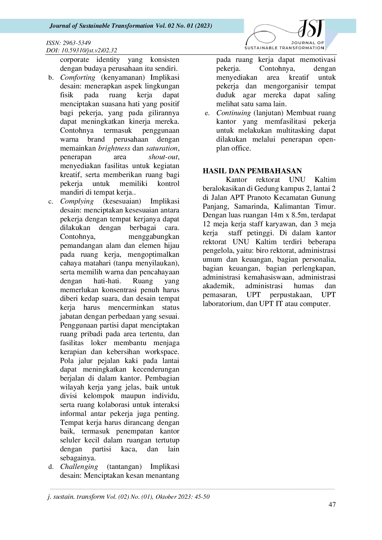 JURIS Perancangan Interior Ruang Rektorat UNU Kaltim Sebagai Upaya Peningkatan Produktivitas Karyawan Pendekatan Psikologi Ruang