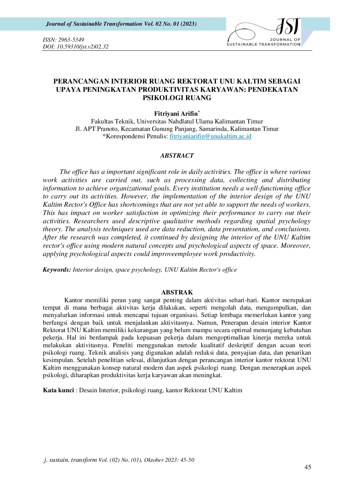 JURIS Perancangan Interior Ruang Rektorat UNU Kaltim Sebagai Upaya Peningkatan Produktivitas Karyawan Pendekatan Psikologi Ruang