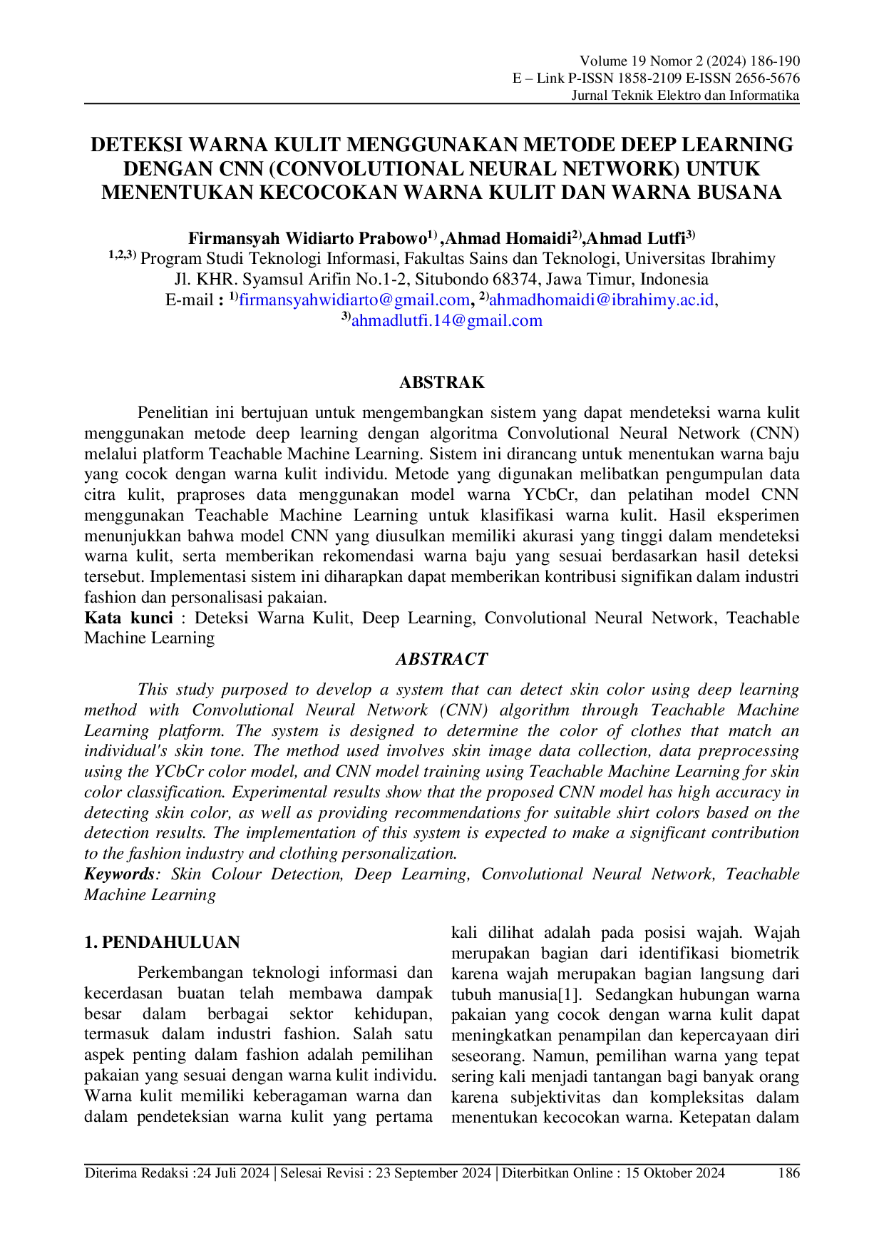 JURIS Deteksi Warna Kulit Menggunakan Metode Deep Learning dengan CNN Convolutional Neural Network untuk Menentukan Kecocokan Warna Kulit dan Warna Busana