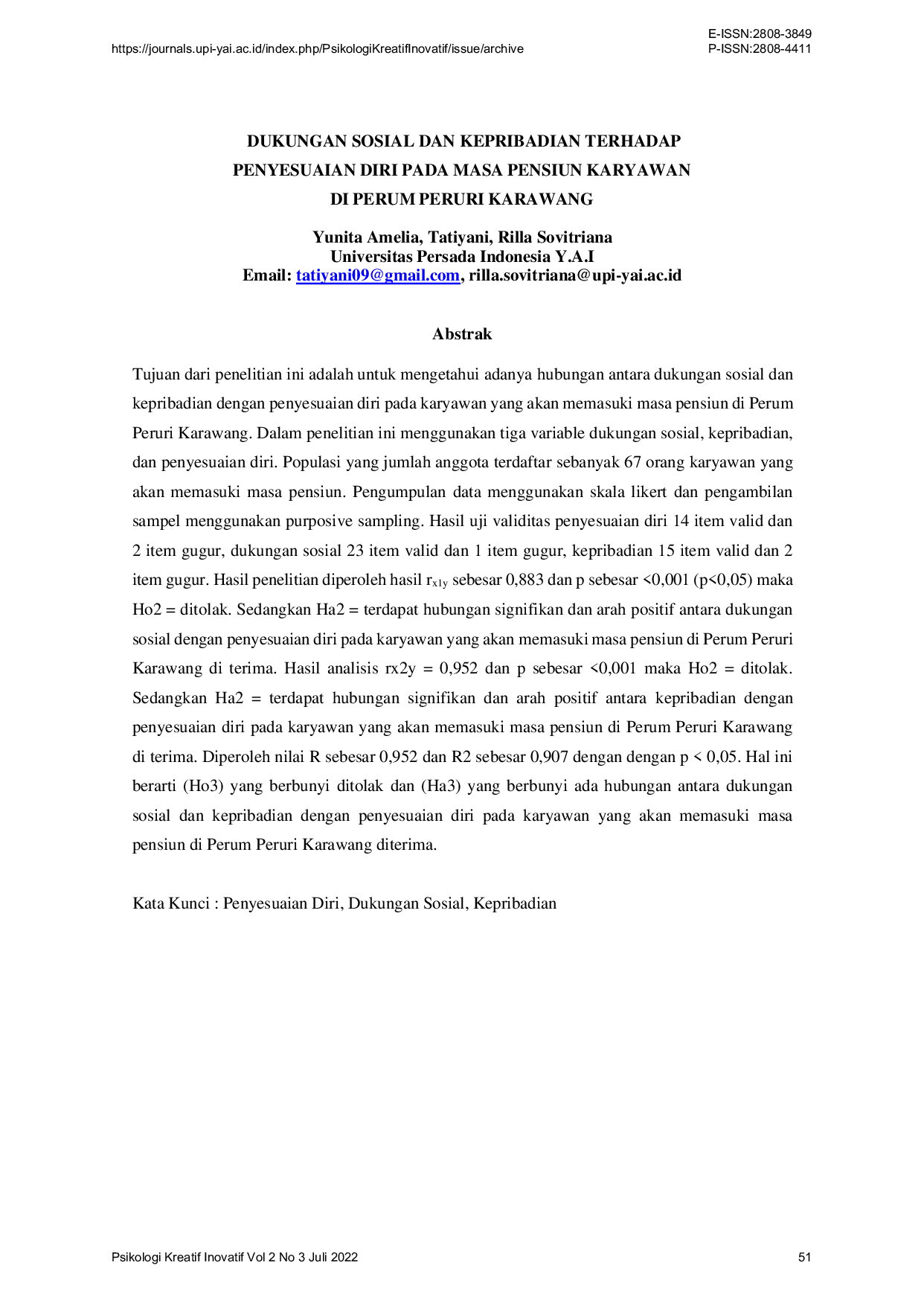 JURIS Dukungan Sosial dan Kepribadian Terhadap Penyesuaian Diri Pada Masa Pensiun Karyawan Di Perum Peruri Karawang