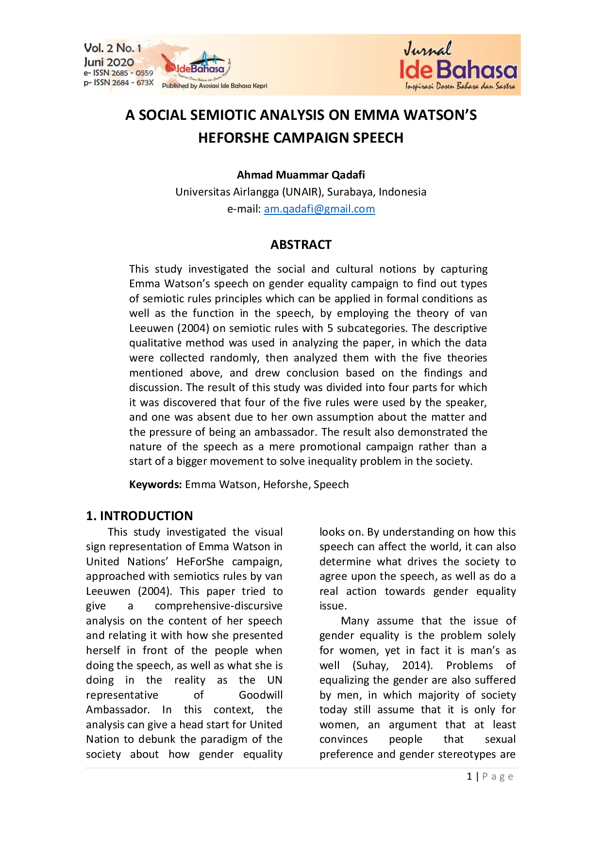juris A Social Semiotic Analysis on Emma Watson s HeForShe Campaign Speech