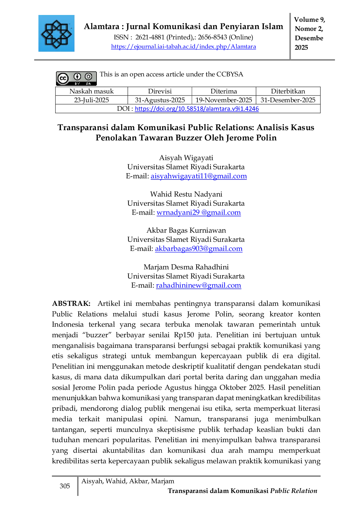 JURIS Transparansi dalam Komunikasi Public Relations Analisis Kasus Penolakan Tawaran Buzzer Oleh Jerome Polin