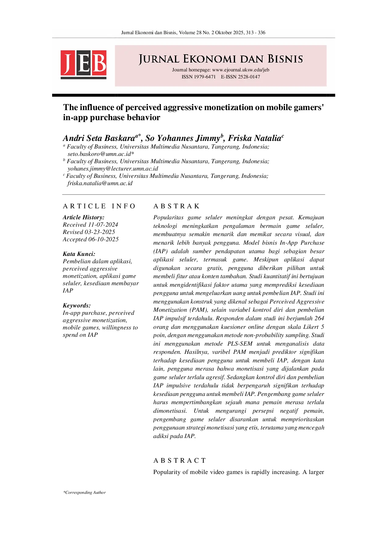 JURIS The influence of perceived aggressive monetization on mobile gamers in app purchase behavior