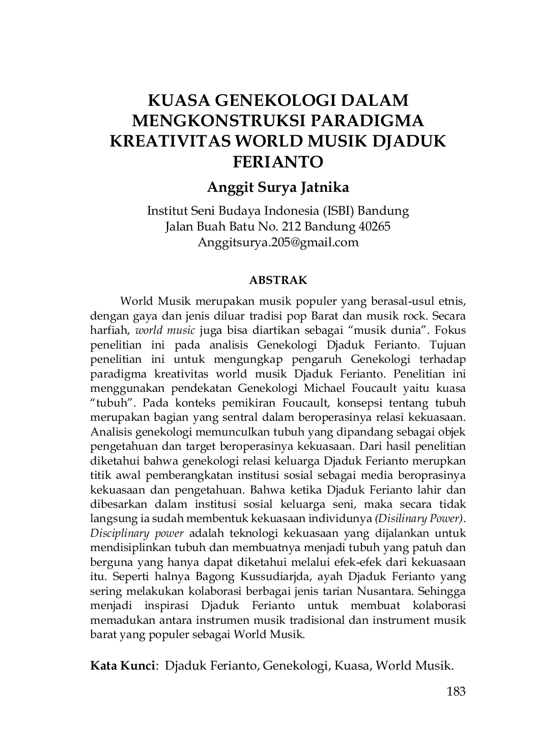 JURIS Kuasa Genekologi Dalam Mengkonstruksi Paradigma Kreativitas World Musik Djaduk Ferianto