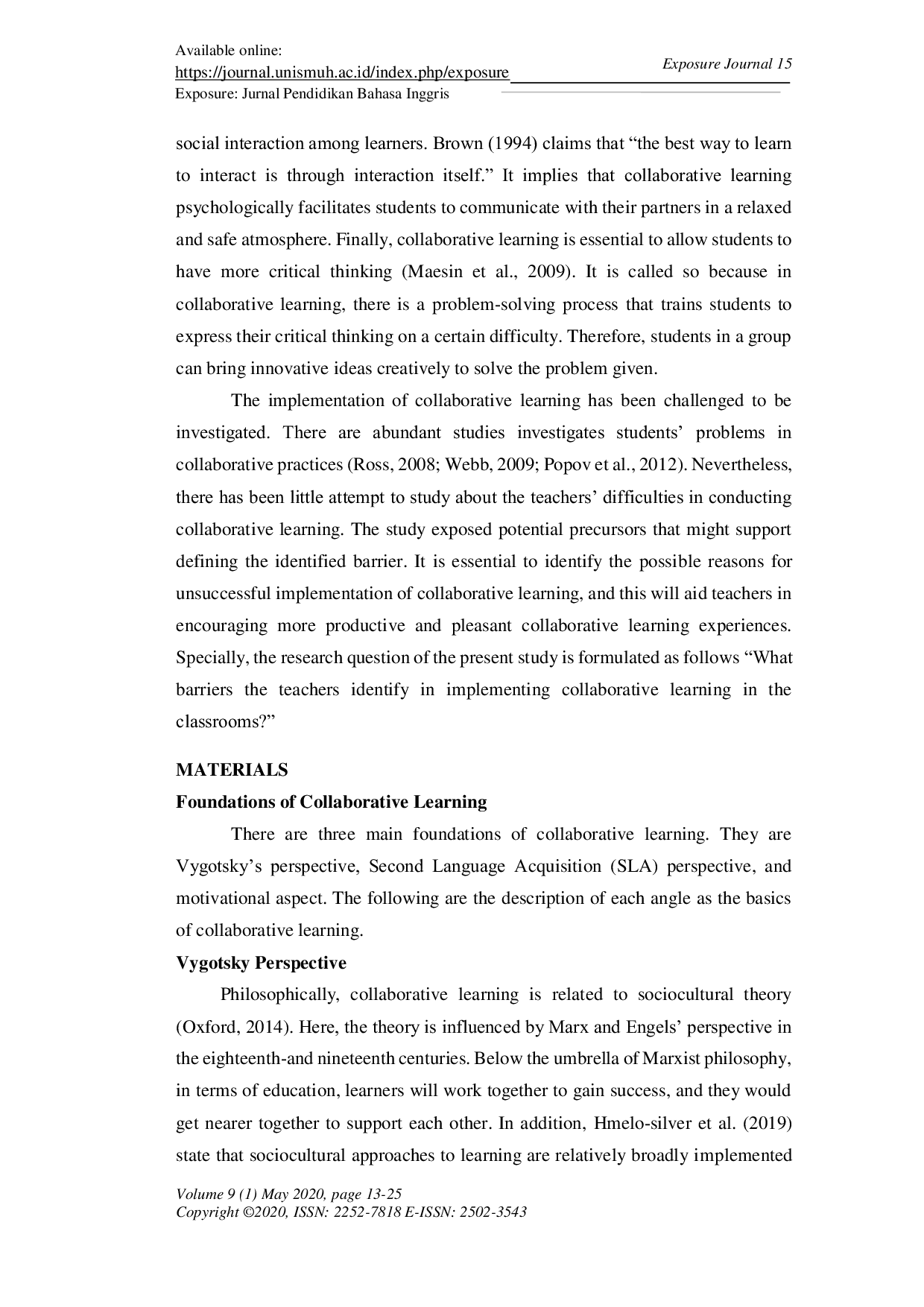 JURIS Collaborative Learning As The Manifestation Of Sociocultural Theory Teachers Perspectives