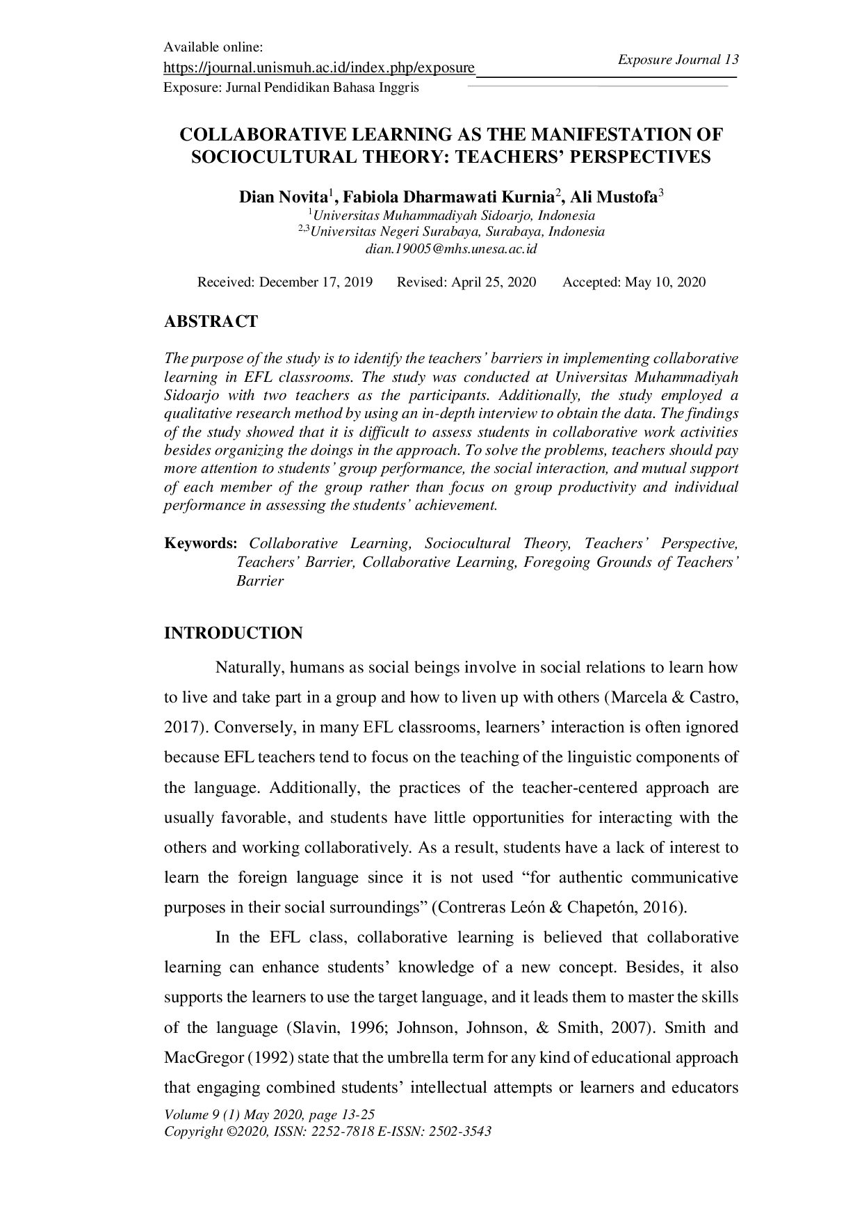 JURIS Collaborative Learning As The Manifestation Of Sociocultural Theory Teachers Perspectives