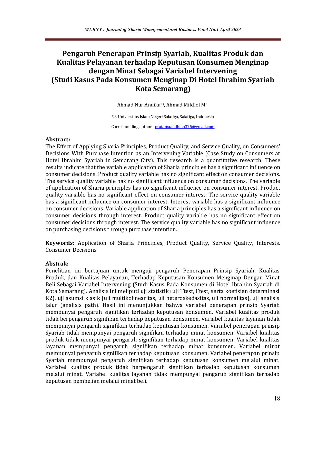 JURIS Pengaruh Penerapan Prinsip Syariah Kualitas Produk Dan Kualitas Pelayanan Terhadap Keputusan Konsumen Menginap Dengan Minat Sebagai Variabel Intervening Studi Kasus Pada Konsumen Menginap Di Hotel I