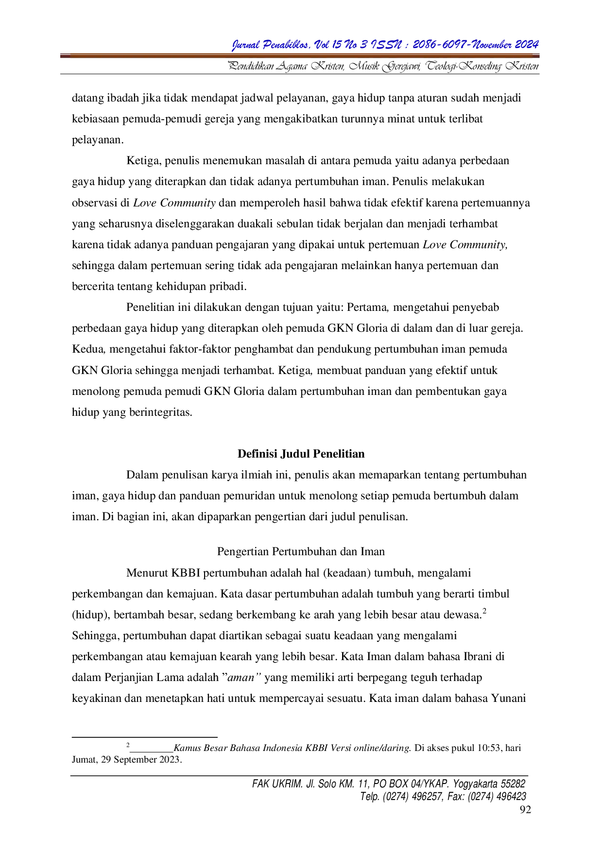 JURIS Pertumbuhan Iman dan Pembentukan Gaya Hidup Pemuda GKN Gloria Yogyakarta Melalui Love Community