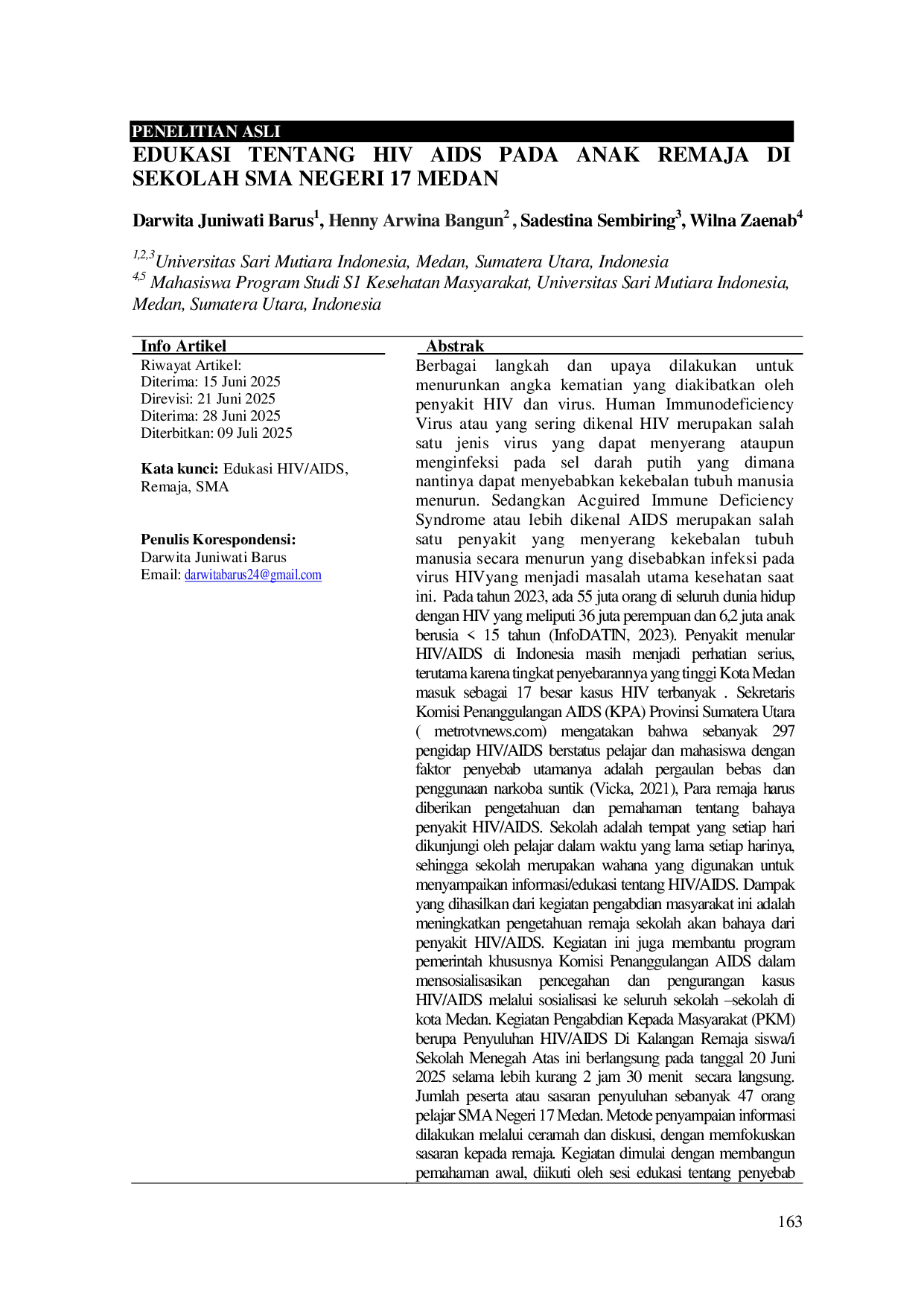 JURIS Edukasi Tentang HIV AIDS pada Anak Remaja di Sekolah SMA Negeri 17 Medan