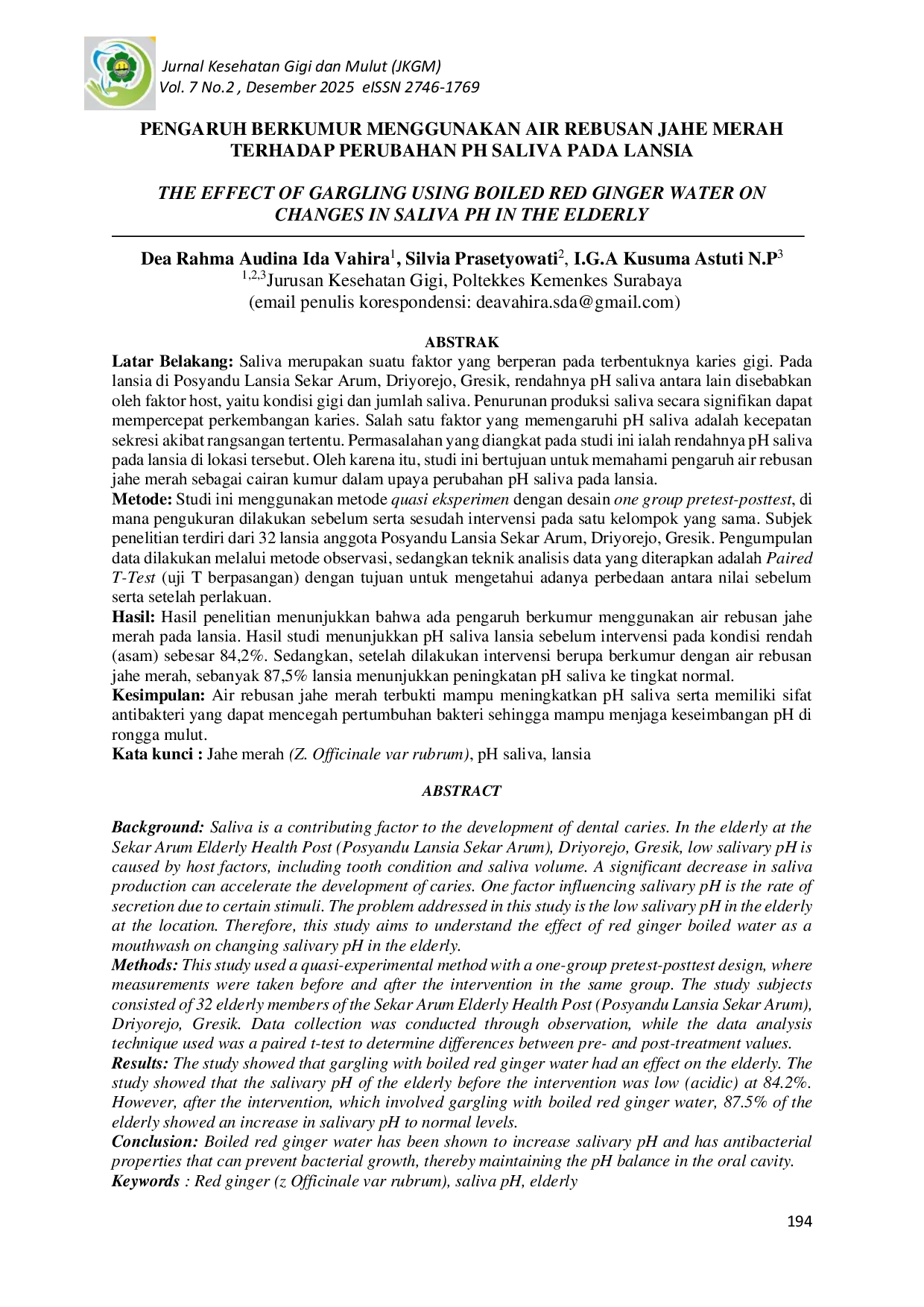 JURIS PENGARUH BERKUMUR MENGGUNAKAN AIR REBUSAN JAHE MERAH TERHADAP PERUBAHAN PH SALIVA PADA LANSIA