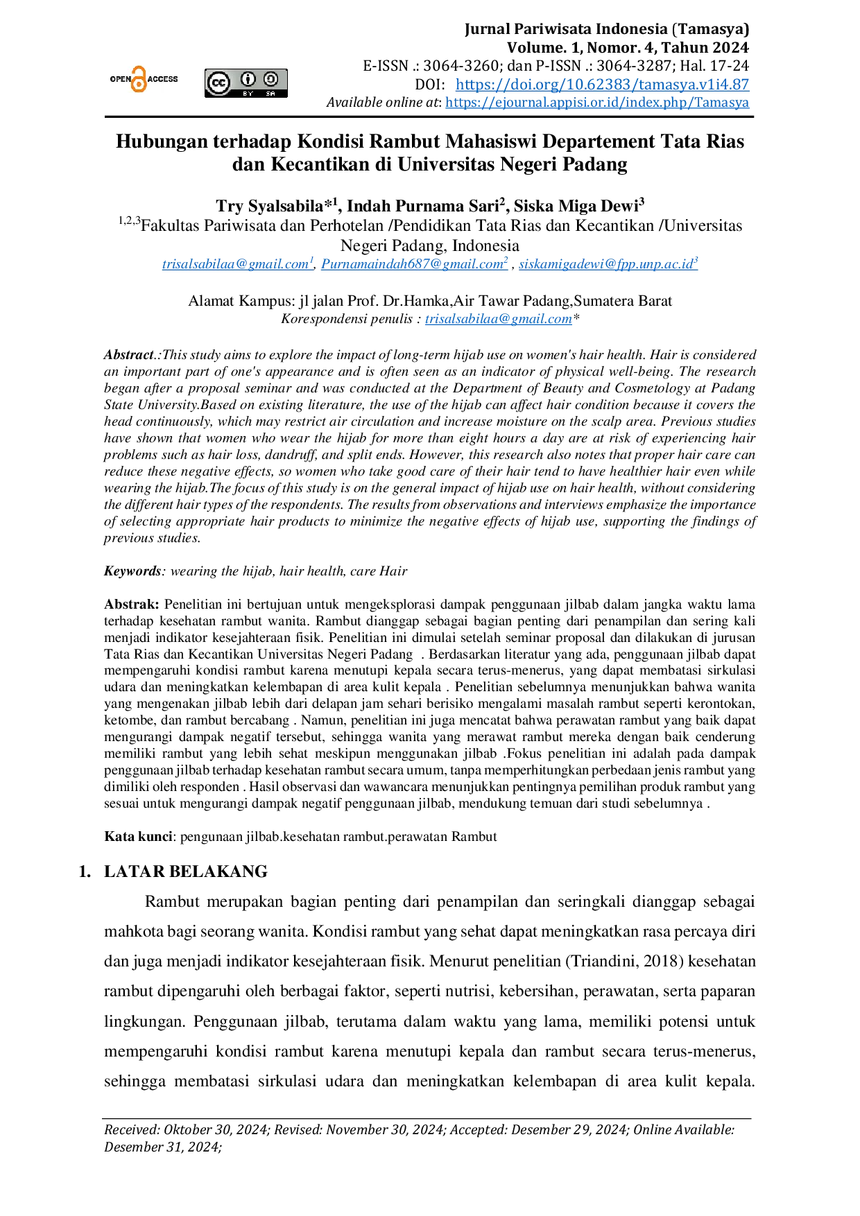 JURIS Hubungan Terhadap Kondisi Rambut Mahasiswi Departement Tata Rias dan Kecantikan di Universitas Negeri Padang