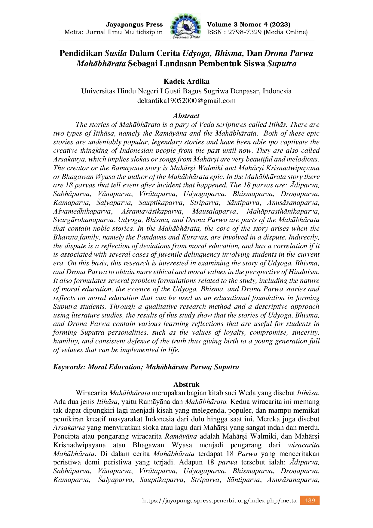 JURIS Pendidikan Susila Dalam Cerita Udyoga Bhisma Dan Drona Parwa MahAbhArata Sebagai Landasan Pembentuk Siswa Suputra