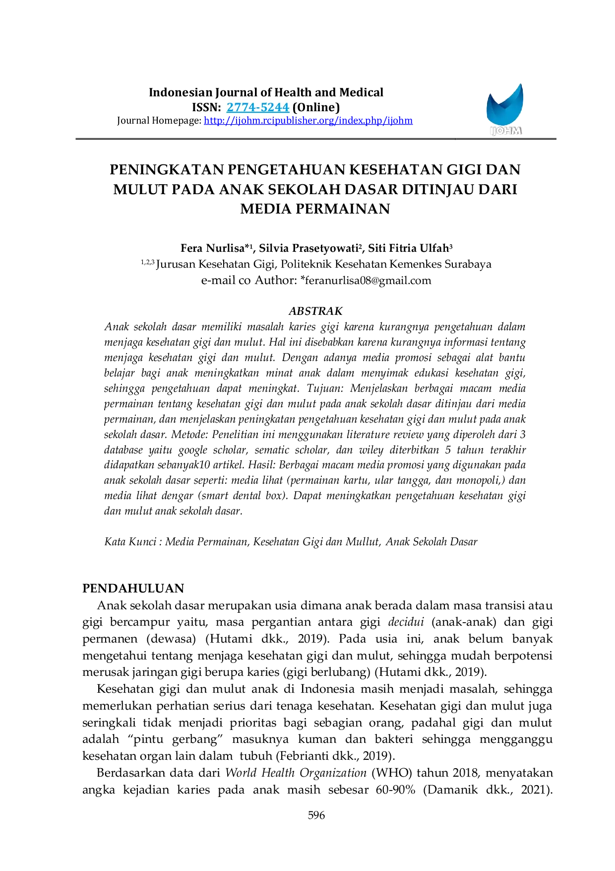 JURIS Peningkatan Pengetahuan Kesehatan Gigi Dan Mulut Pada Anak Sekolah Dasar Ditinjau Dari Media Permainan