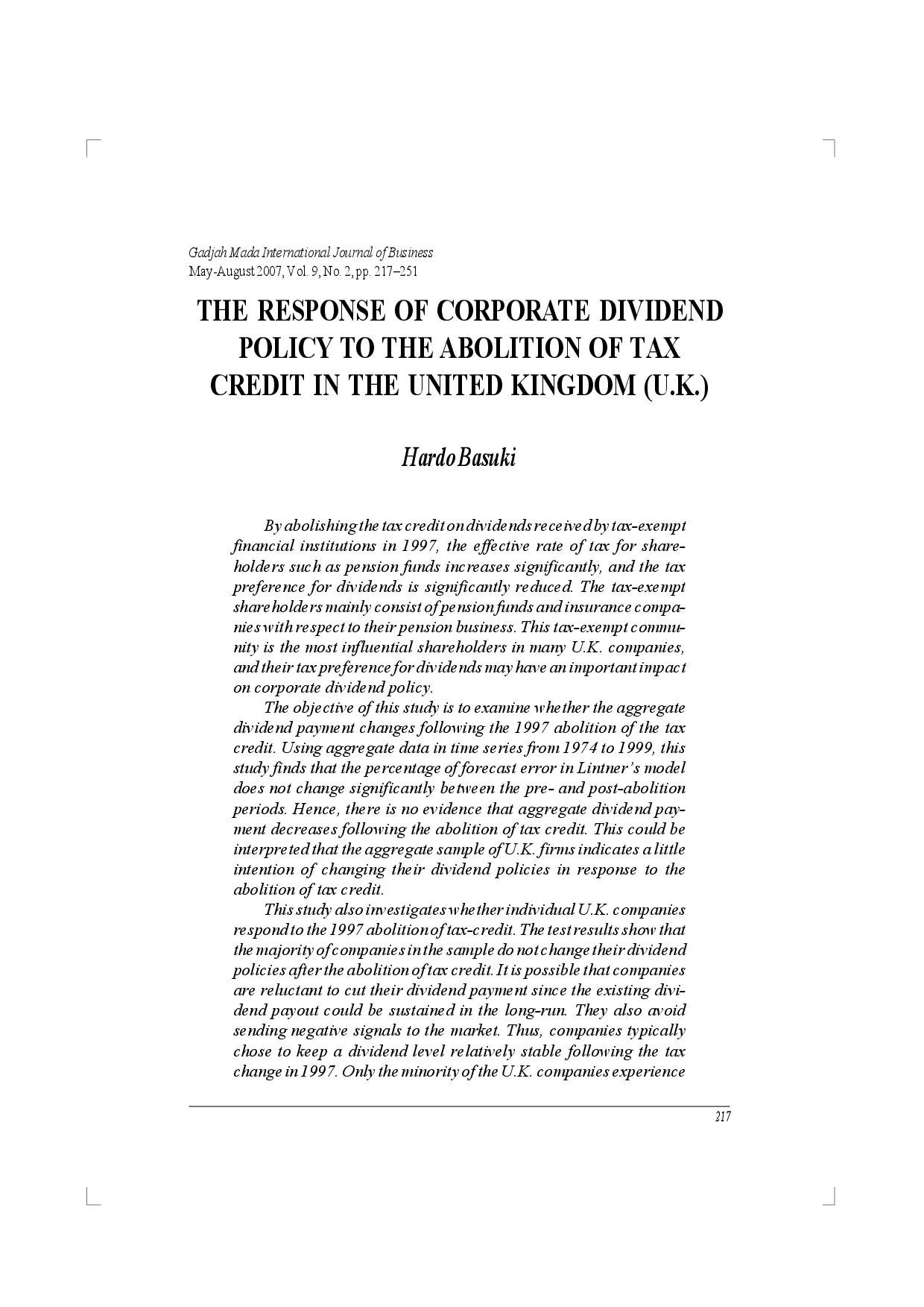 juris Respons Corporate Dividend Policy Terhadap Penghapusan Tax Credit Di Inggris