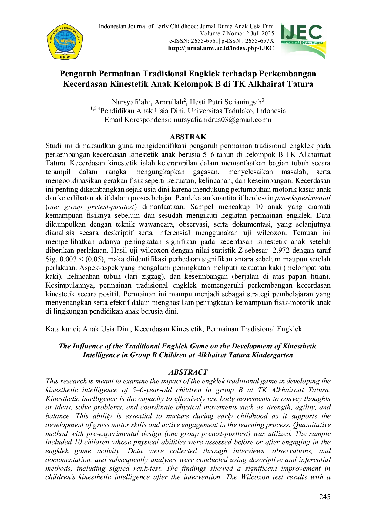JURIS Pengaruh Permainan Tradisional Engklek terhadap Perkembangan Kecerdasan Kinestetik Anak Kelompok B di TK Alkhairat Tatura The Influence of the Traditional Engklek Game on the Development of Kinesthet
