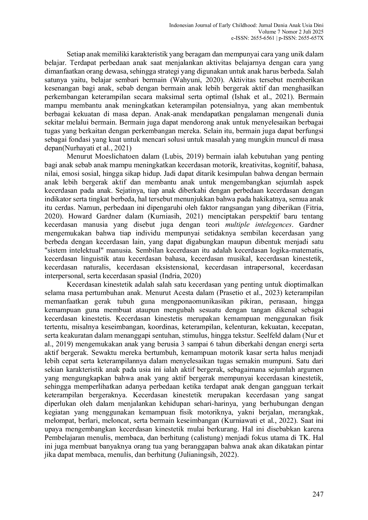 JURIS Pengaruh Permainan Tradisional Engklek terhadap Perkembangan Kecerdasan Kinestetik Anak Kelompok B di TK Alkhairat Tatura The Influence of the Traditional Engklek Game on the Development of Kinesthet