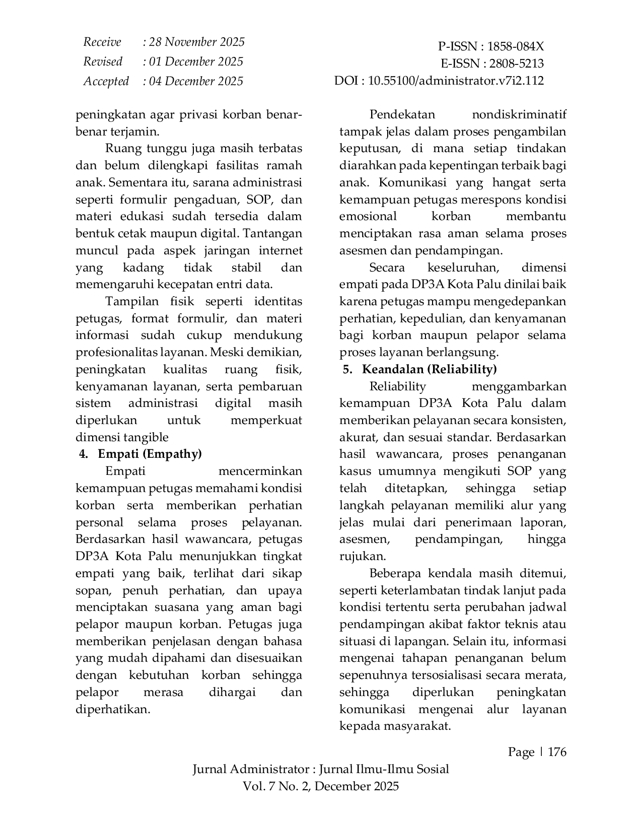 JURIS Kualitas Pelayanan Pengaduan Kasus Kekerasan Anak Di Dinas Pemberdayaan Perempuan dan Perlindungan Anak Kota Palu