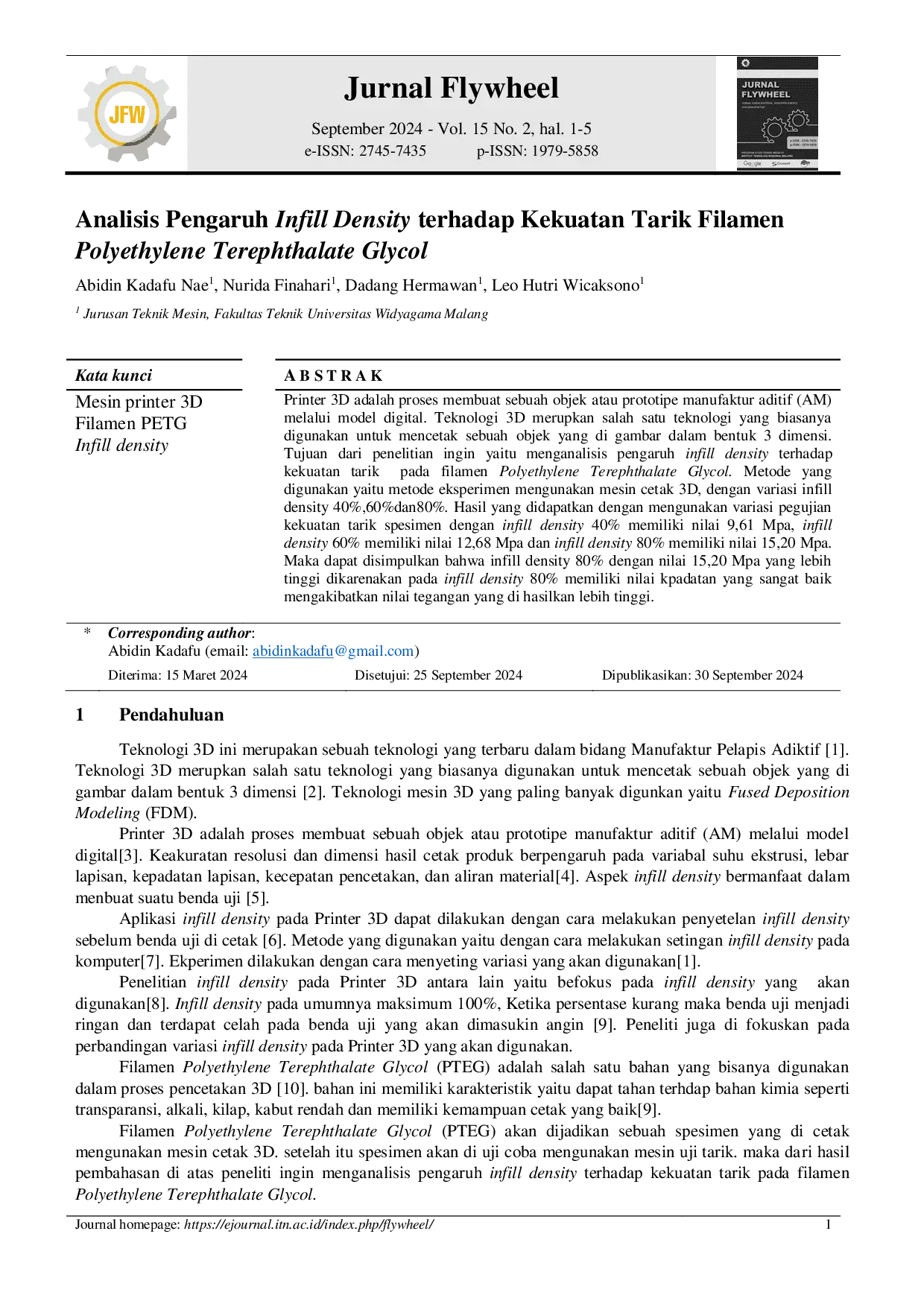JURIS Analisis Pengaruh Infill Density terhadap Kekuatan Tarik Filamen Polyethylene Terephthalate Glycol