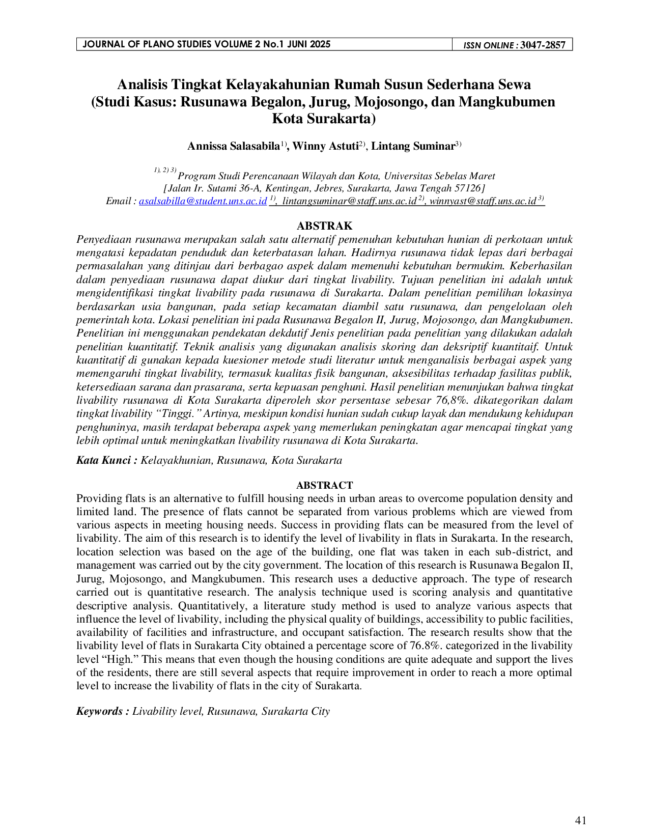 JURIS Analisis Tingkat Kelayakahunian Rumah Susun Sederhana Sewa Studi Kasus Rusunawa Begalon Jurug Mojosongo dan Mangkubumen Kota Surakarta
