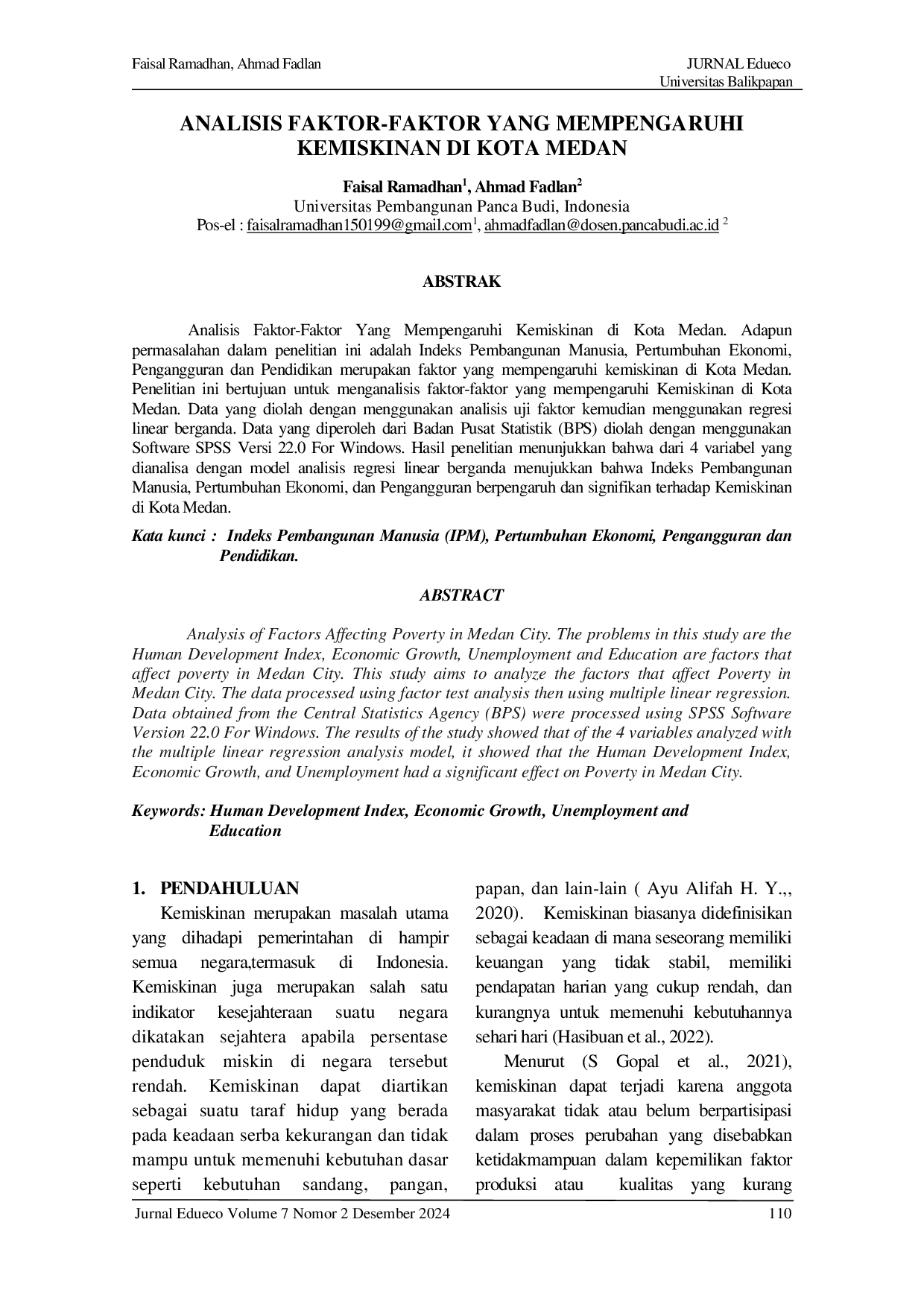 JURIS Analisis Faktor Faktor Yang Mempengaruhi Kemiskinan Di Kota Medan