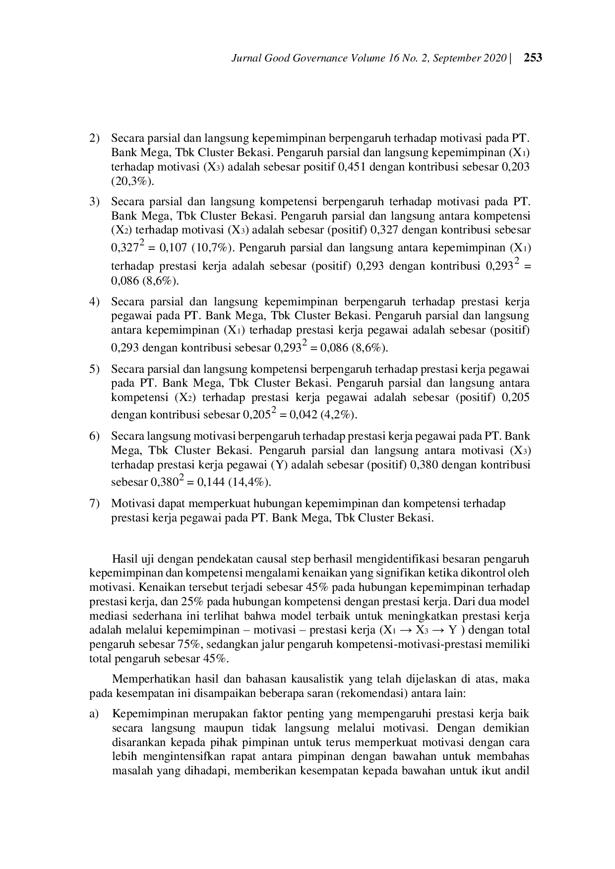 JURIS Analisis Pengaruh Kepemimpinan Kompetensi dan Motivasi Terhadap Prestasi Kerja PT Bank Mega Tbk Cluster Bekasi