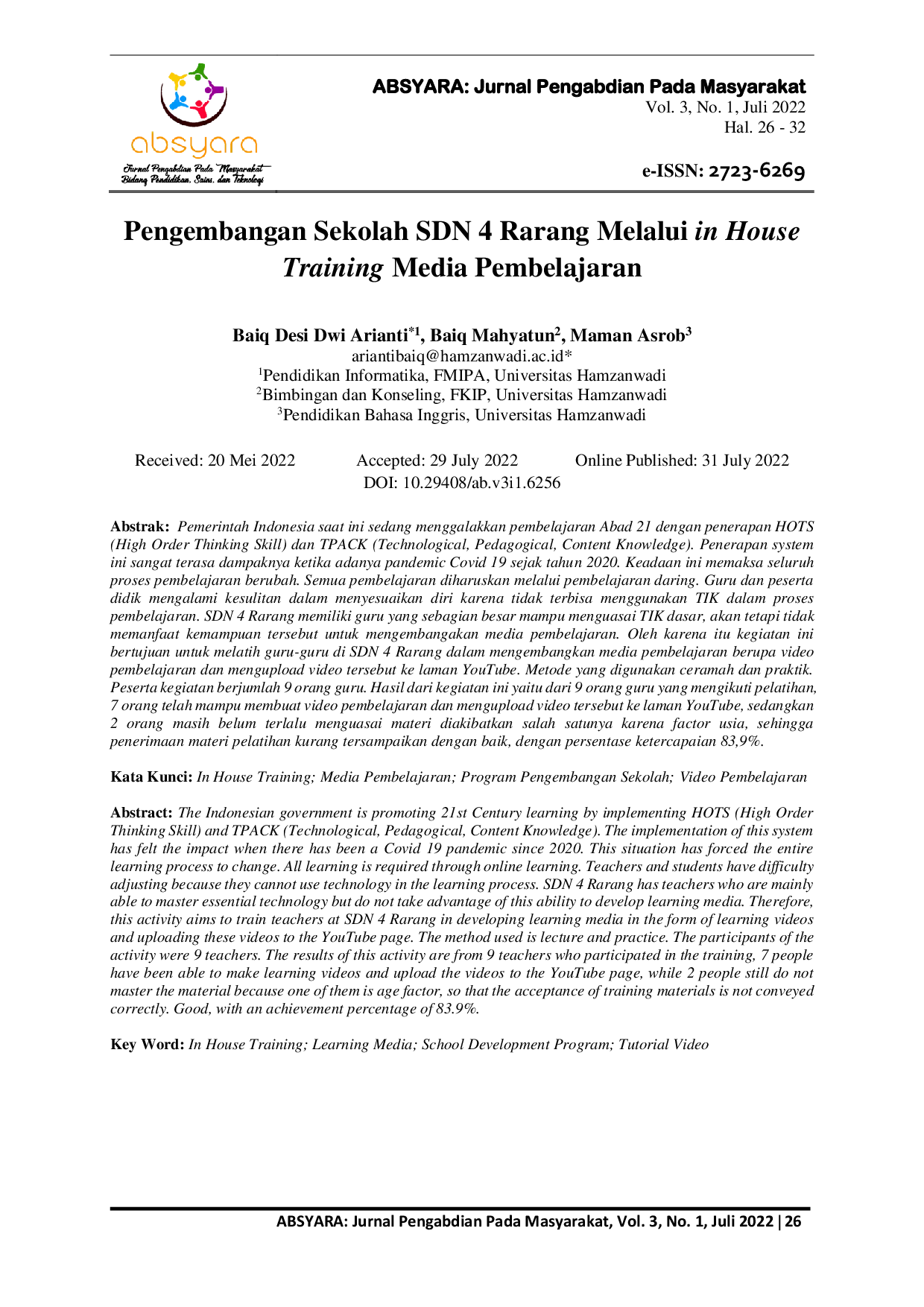 JURIS Pengembangan Sekolah SDN 4 Rarang Melalui In House Training Media Pembelajaran