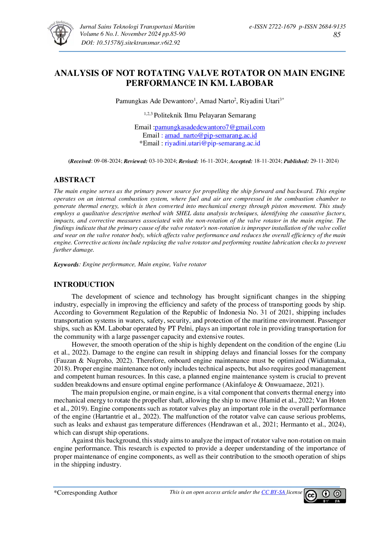 JURIS Analysis Of Not Rotating Valve Rotator On Main Engine Performance In KM LABOBAR