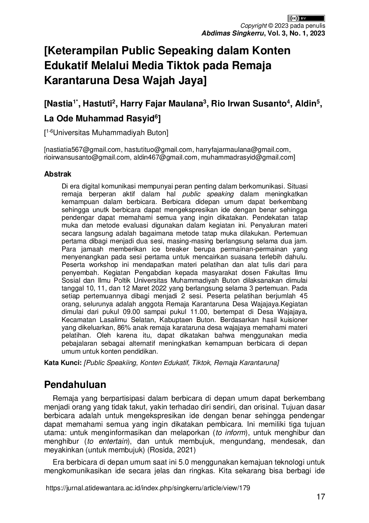 JURIS Keterampilan Public Speaking dalam Konten Edukatif Melalui Media Tiktok pada Remaja Karantaruna Desa Wajah Jaya