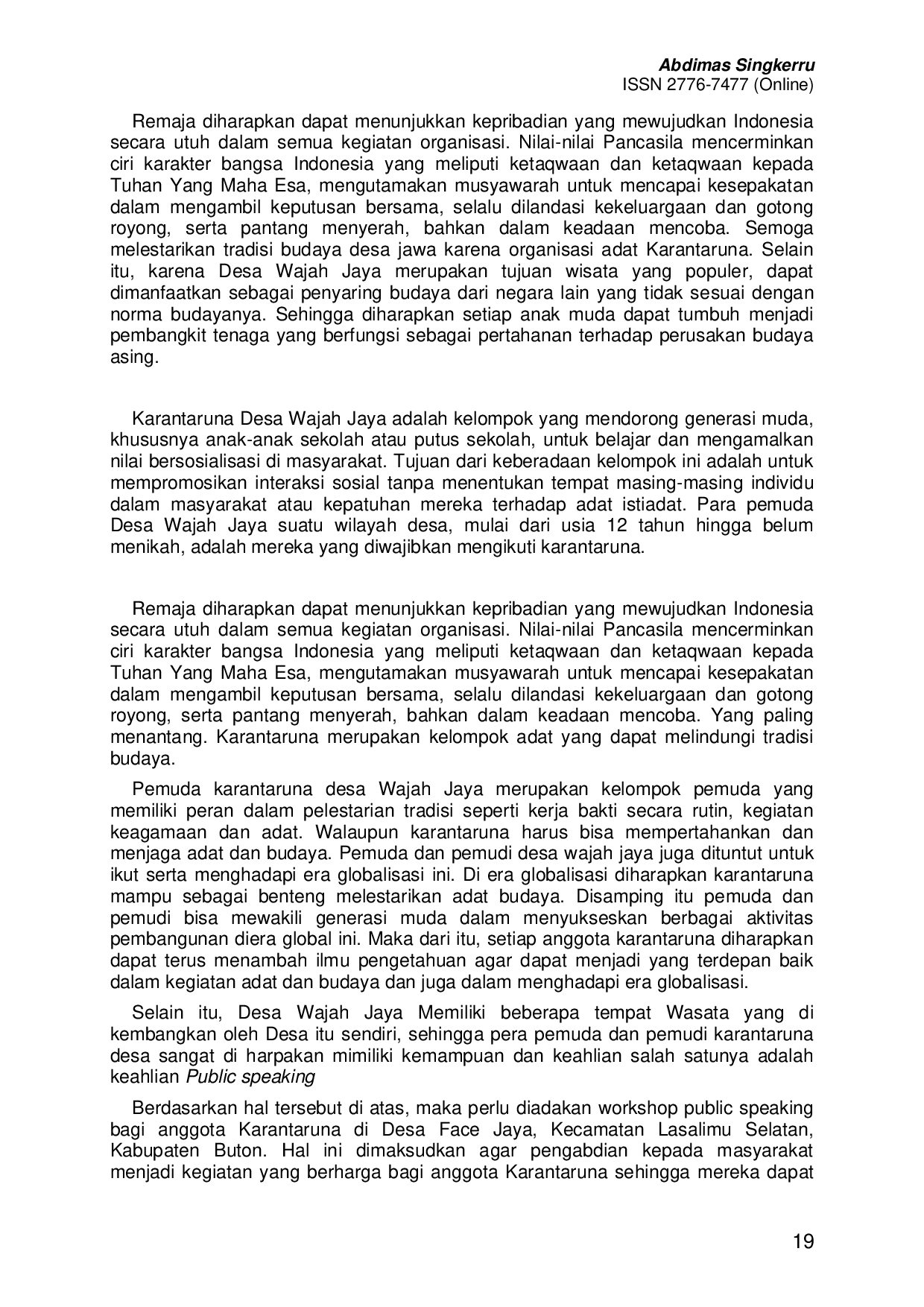 JURIS Keterampilan Public Speaking dalam Konten Edukatif Melalui Media Tiktok pada Remaja Karantaruna Desa Wajah Jaya