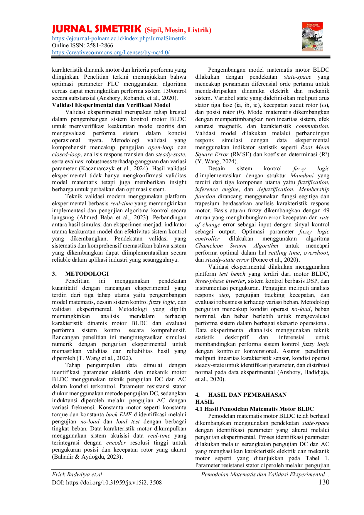 JURIS Pemodelan Matematis dan Validasi Eksperimental Sistem Kontrol Motor Brushless DC Menggunakan Fuzzy Logic