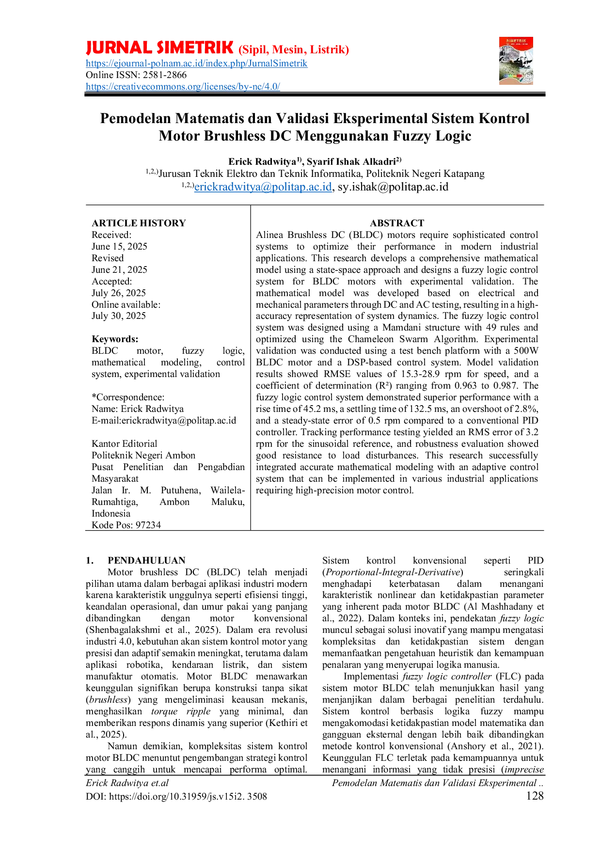 JURIS Pemodelan Matematis dan Validasi Eksperimental Sistem Kontrol Motor Brushless DC Menggunakan Fuzzy Logic