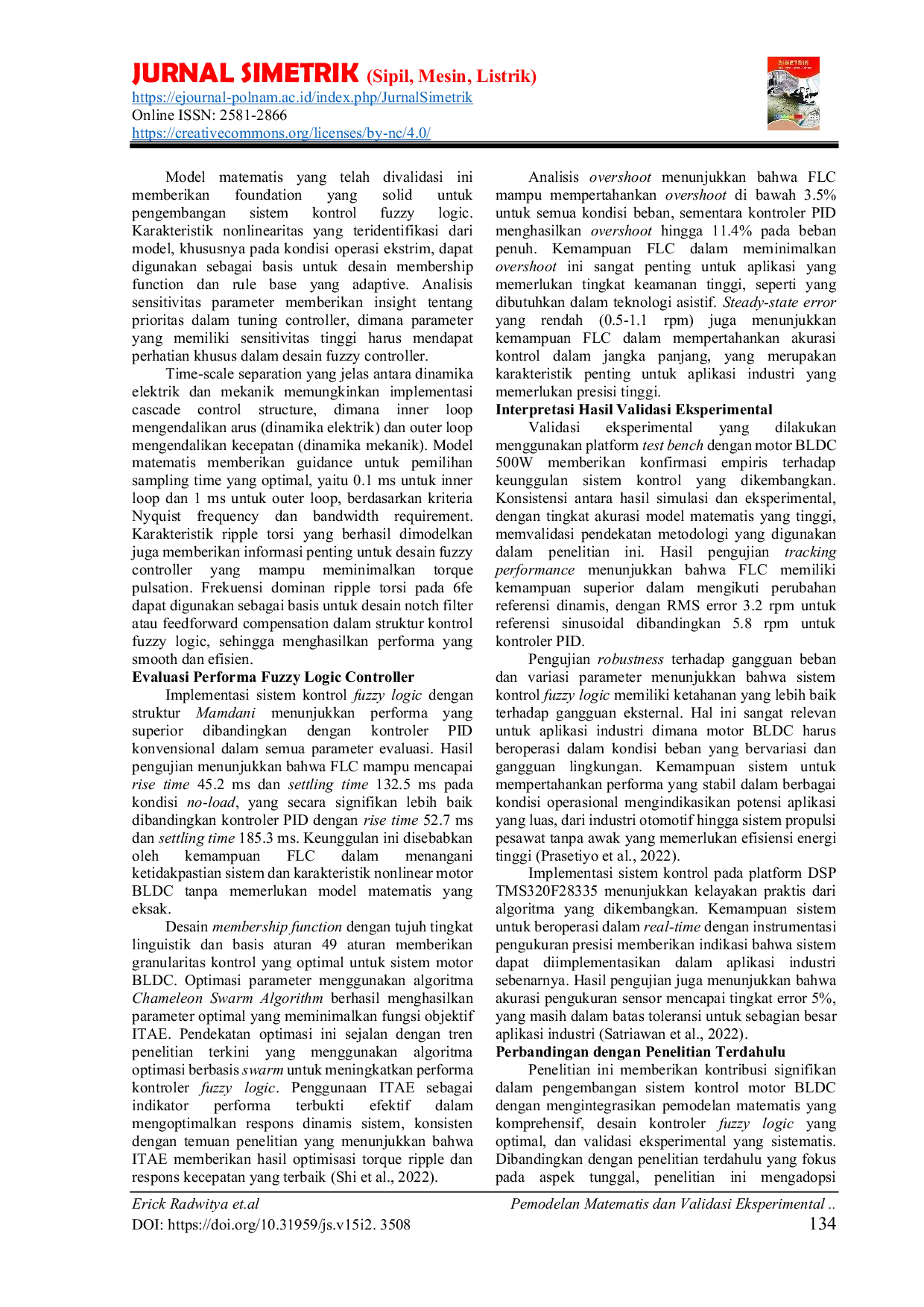 JURIS Pemodelan Matematis dan Validasi Eksperimental Sistem Kontrol Motor Brushless DC Menggunakan Fuzzy Logic