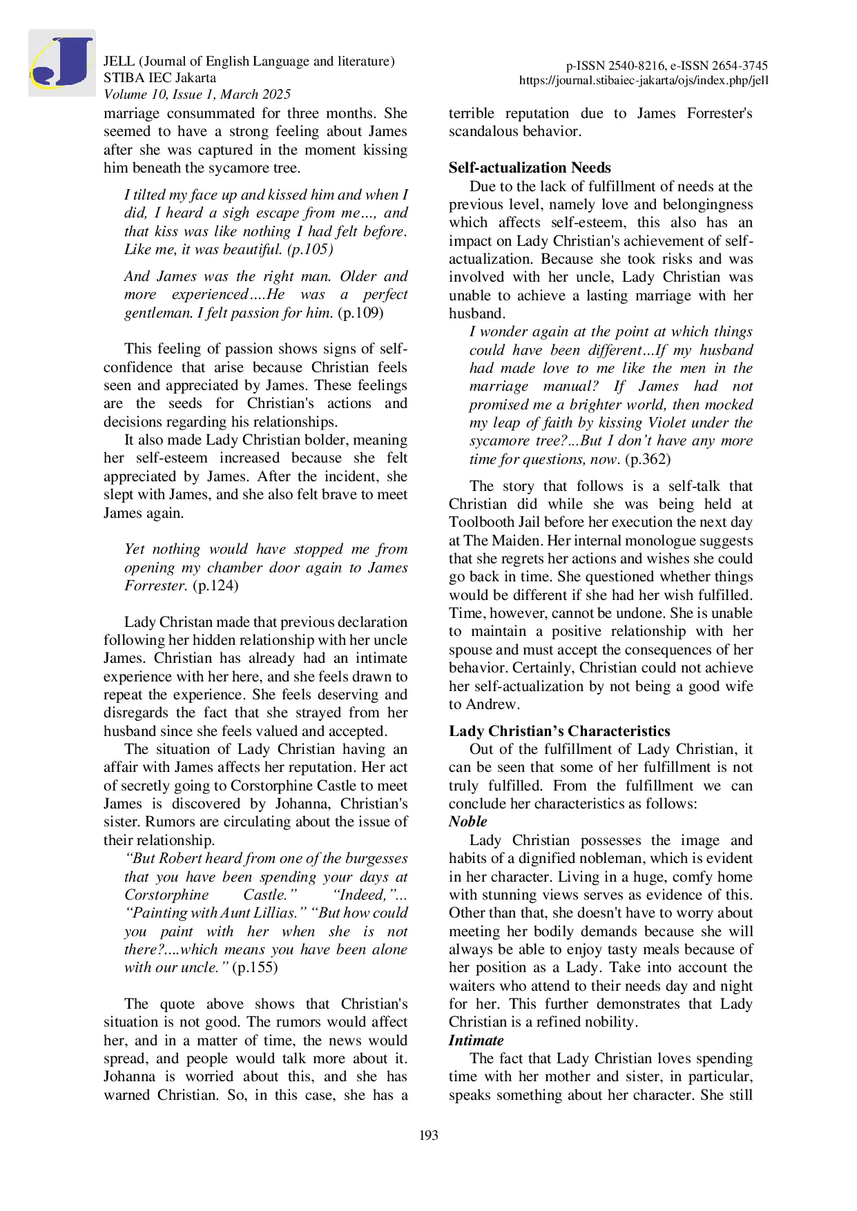 JURIS An Analysis of Lady Christian Nimmo s Characteristics in Kate Foster s The Maiden through Maslow s Hierarchy of Needs