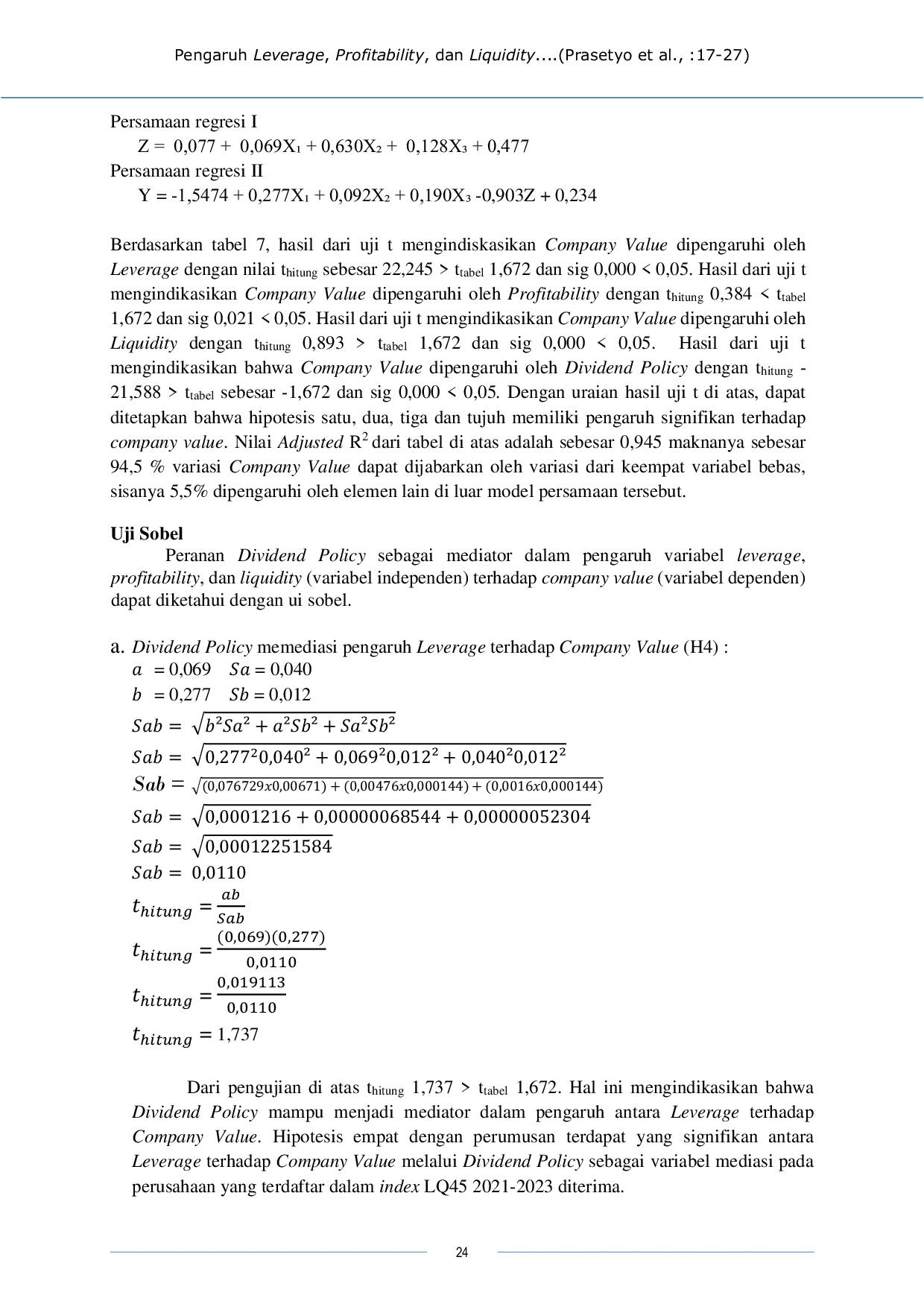 JURIS Pengaruh Leverage Profitability Dan Liquidity Terhadap Company Value Dengan Dividend Policy Sebagai Variabel Mediasi Pada Perusahaan Yang Terdaftar Dalam Index LQ45 Di BEI 2021 2023