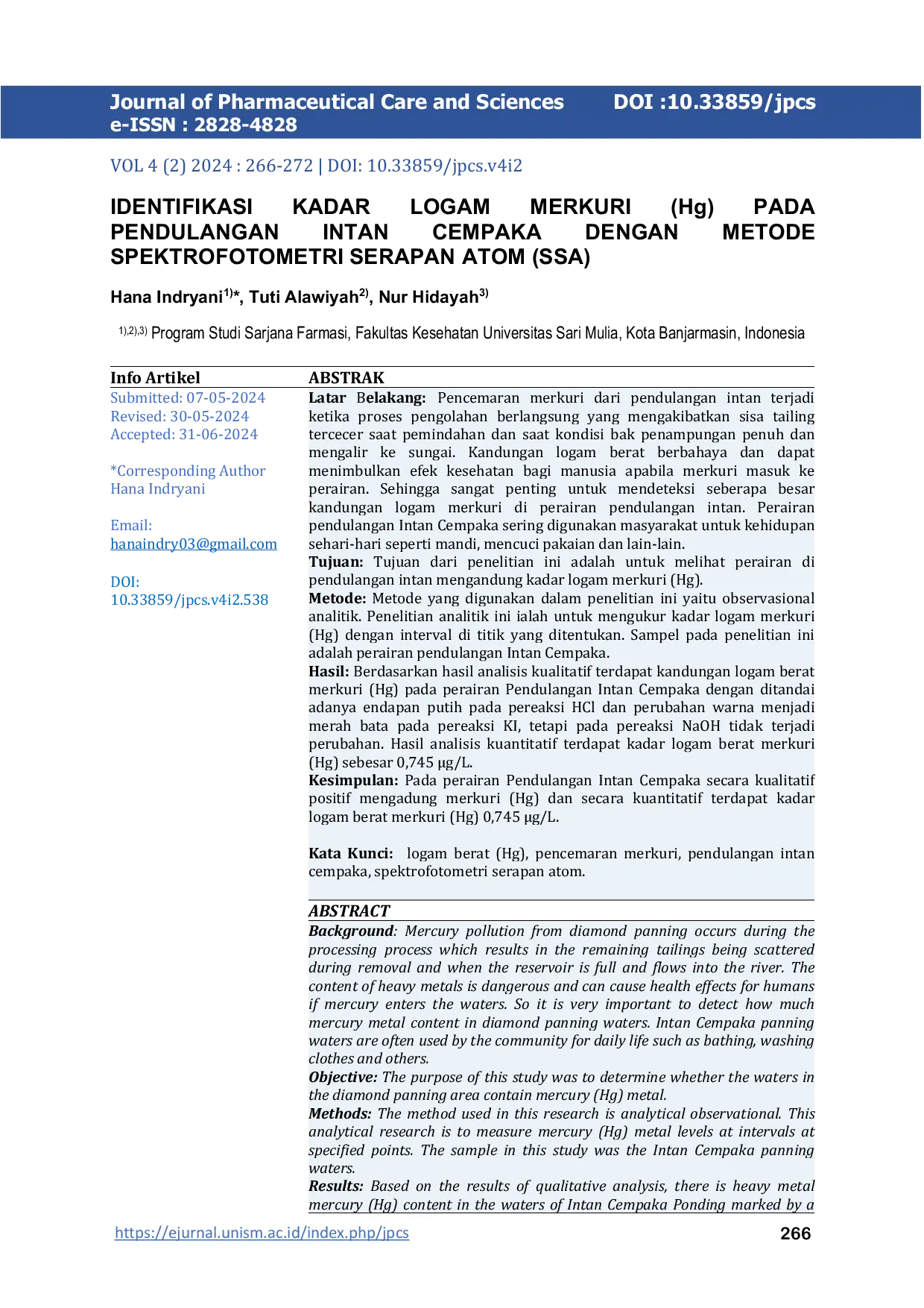 JURIS I Identification of Mercury Hg Metal Content in Cempaka Diamond Mining Using Atomic Absorption Spectrophotometry AAS Method