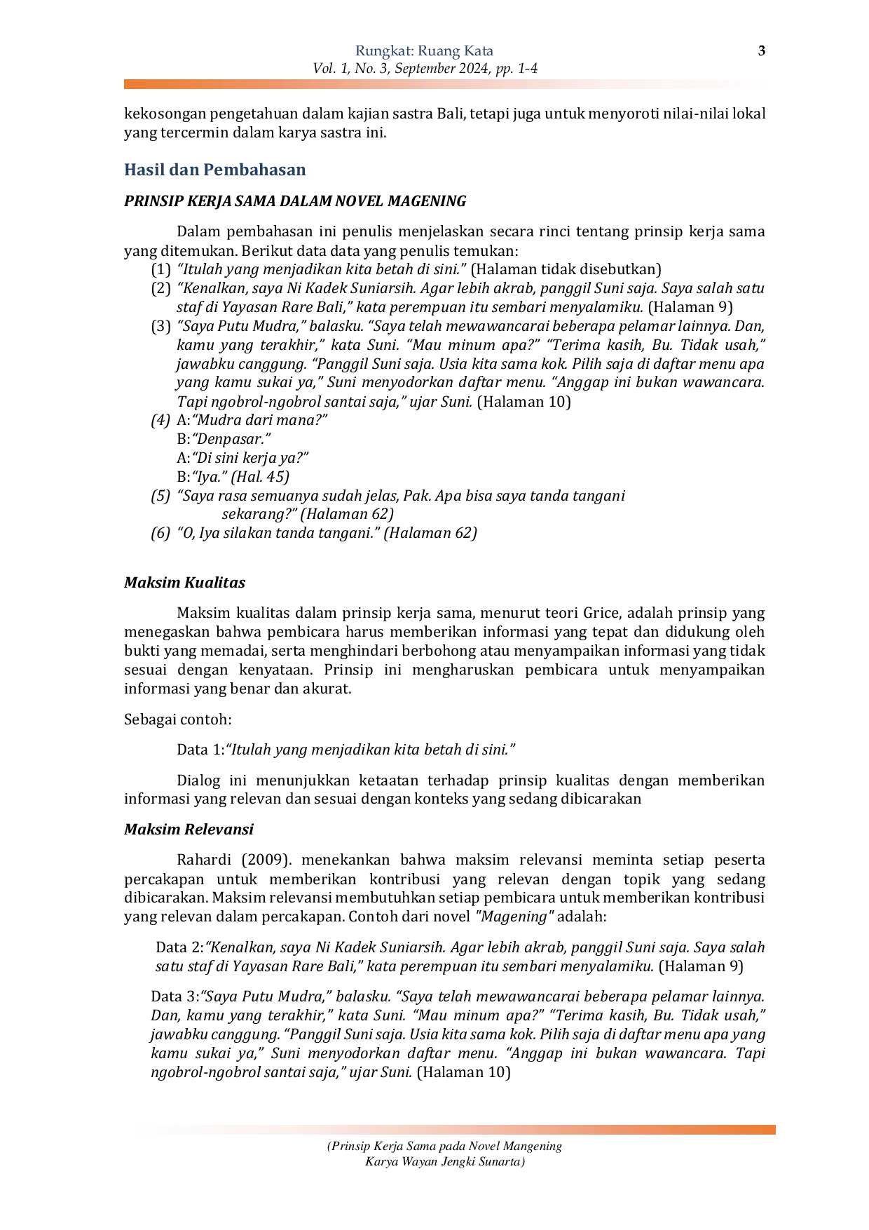 JURIS Prinsip Kerja Sama Pada Novel Mangening Karya Wayan Jengki Sunarta