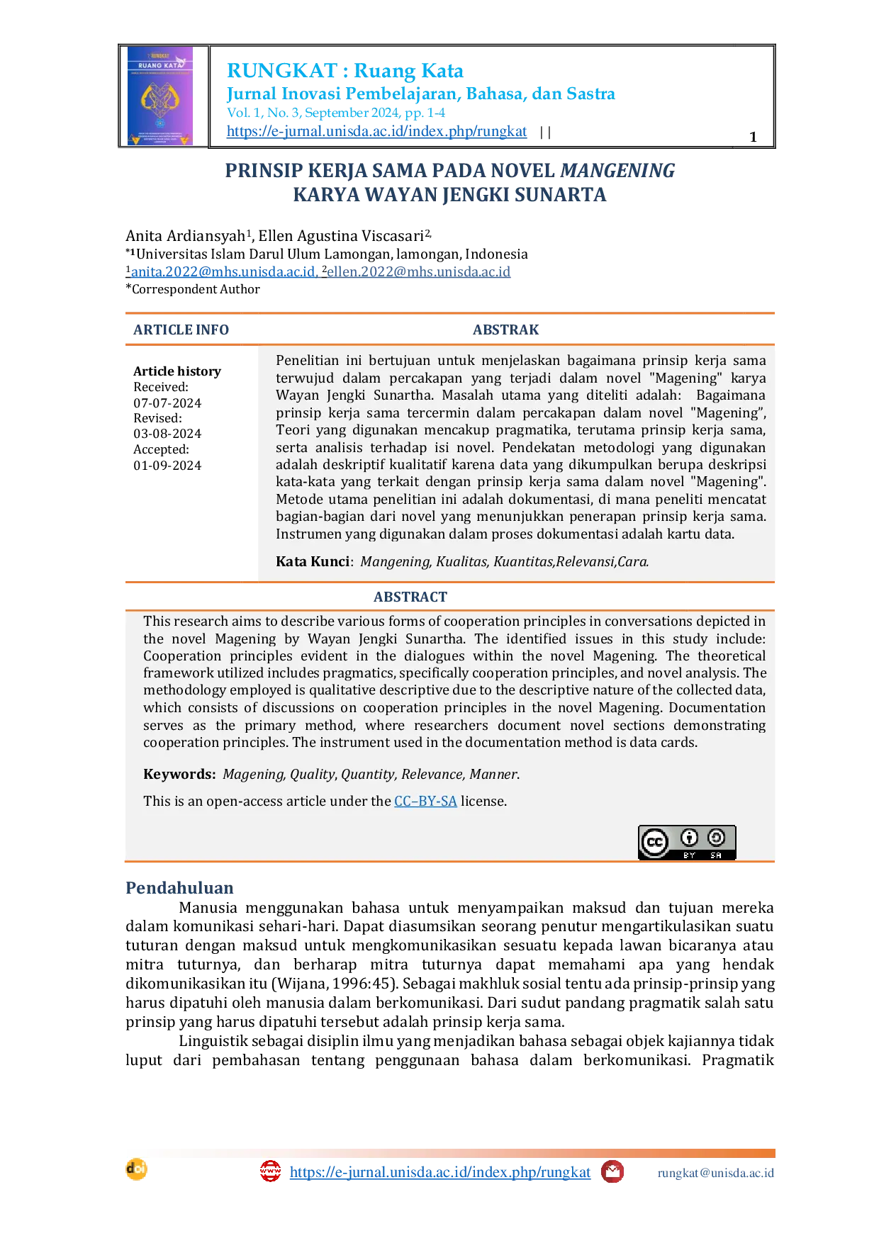 JURIS Prinsip Kerja Sama Pada Novel Mangening Karya Wayan Jengki Sunarta