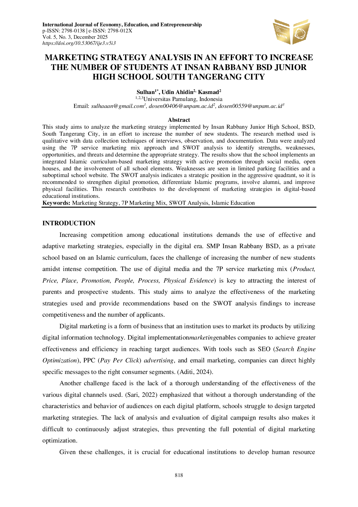 JURIS Marketing Strategy Analysis In An Effort To Increase The Number Of Students At Insan Rabbany Bsd Junior High School South Tangerang City